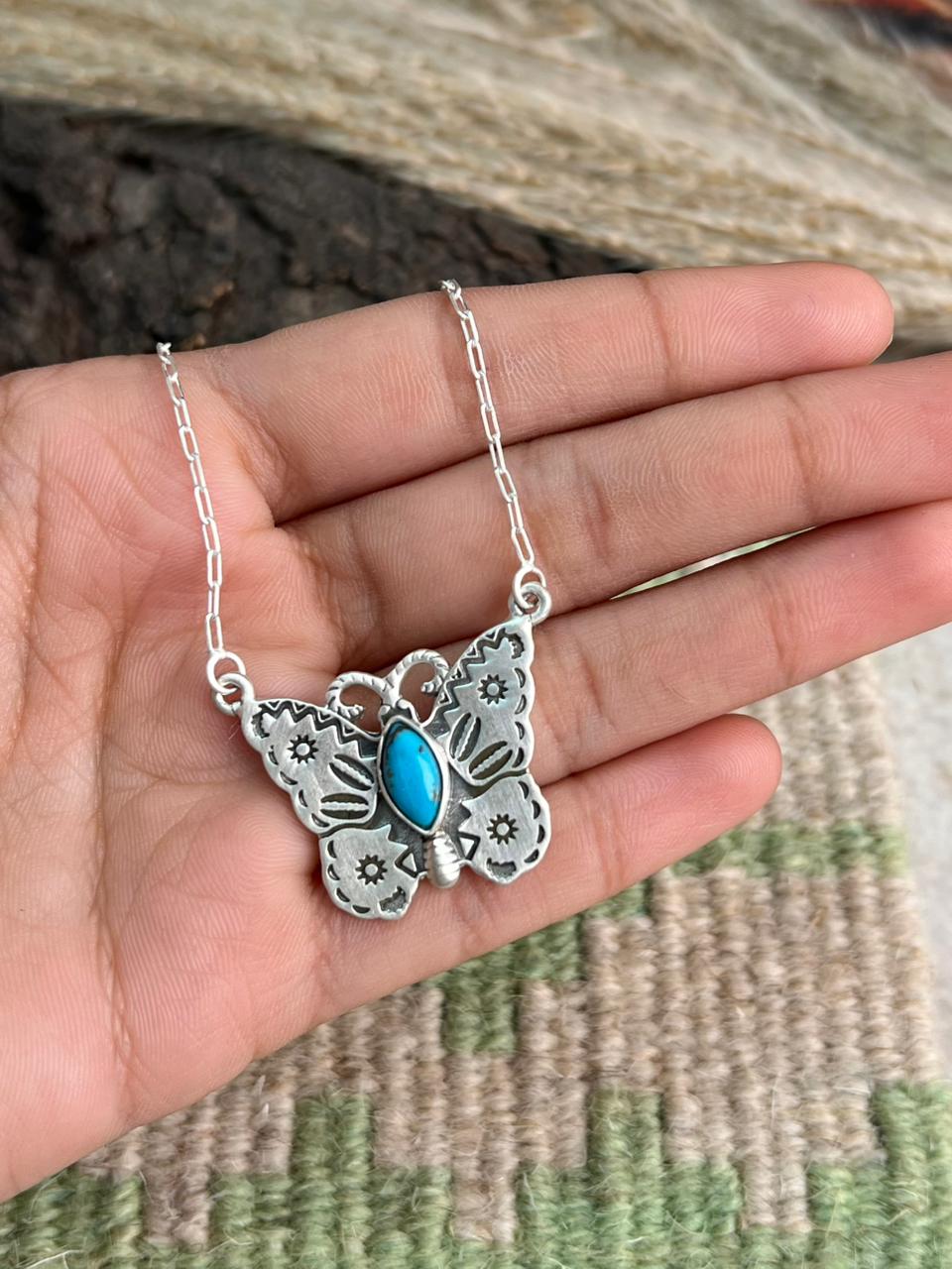Handmade Sterling Silver Kingman Turquoise Butterfly Necklace "Signed Nizhoni"