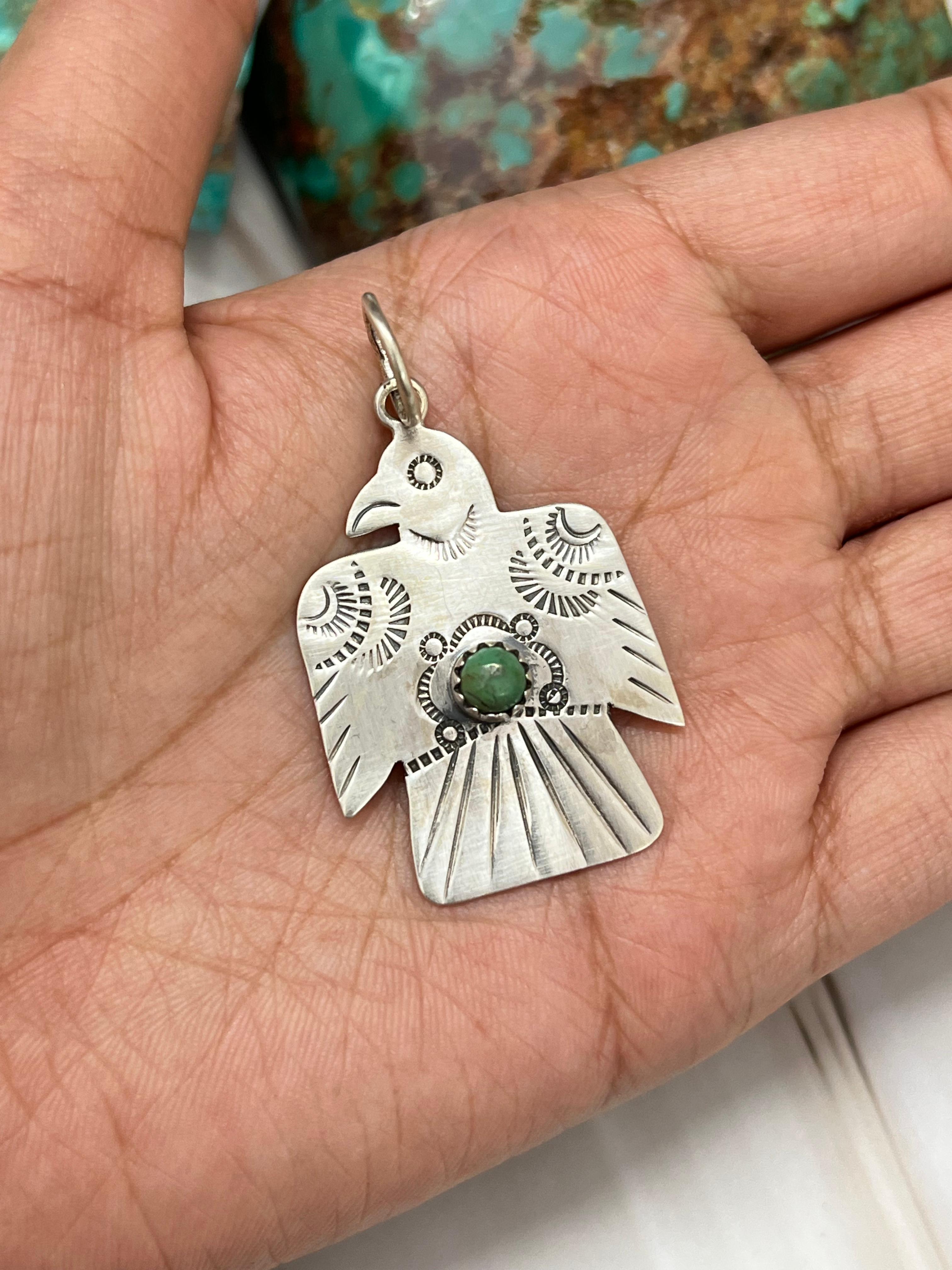 Handmade Sterling Silver Thunder Bird Kingman Turquoise Charms with Signed Nizhoni