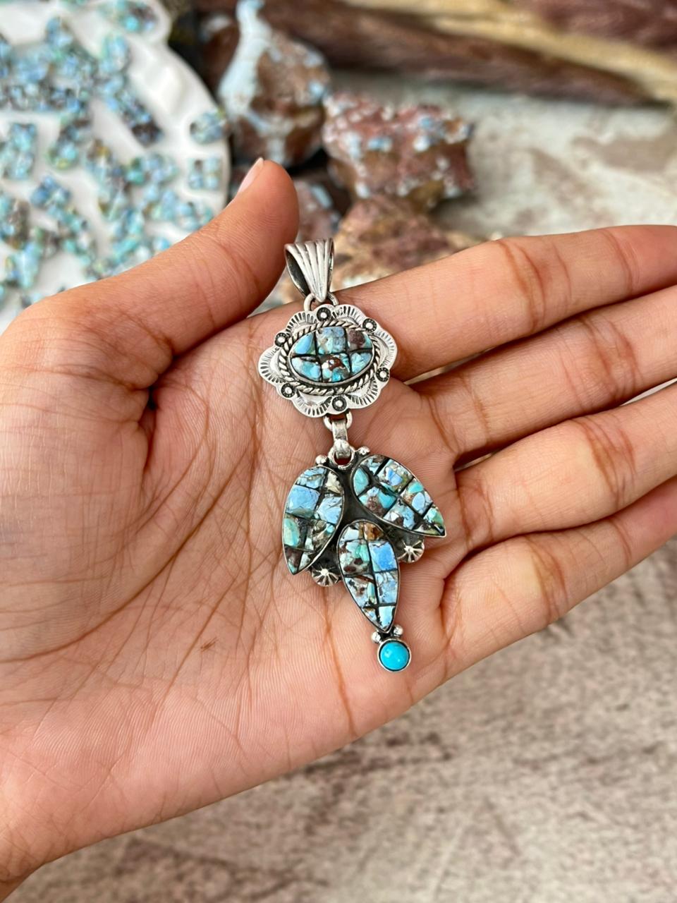 Handmade Sterling Silver Golden Hills Turquoise Cobble Collection Pendant "Signed Nizhoni"
