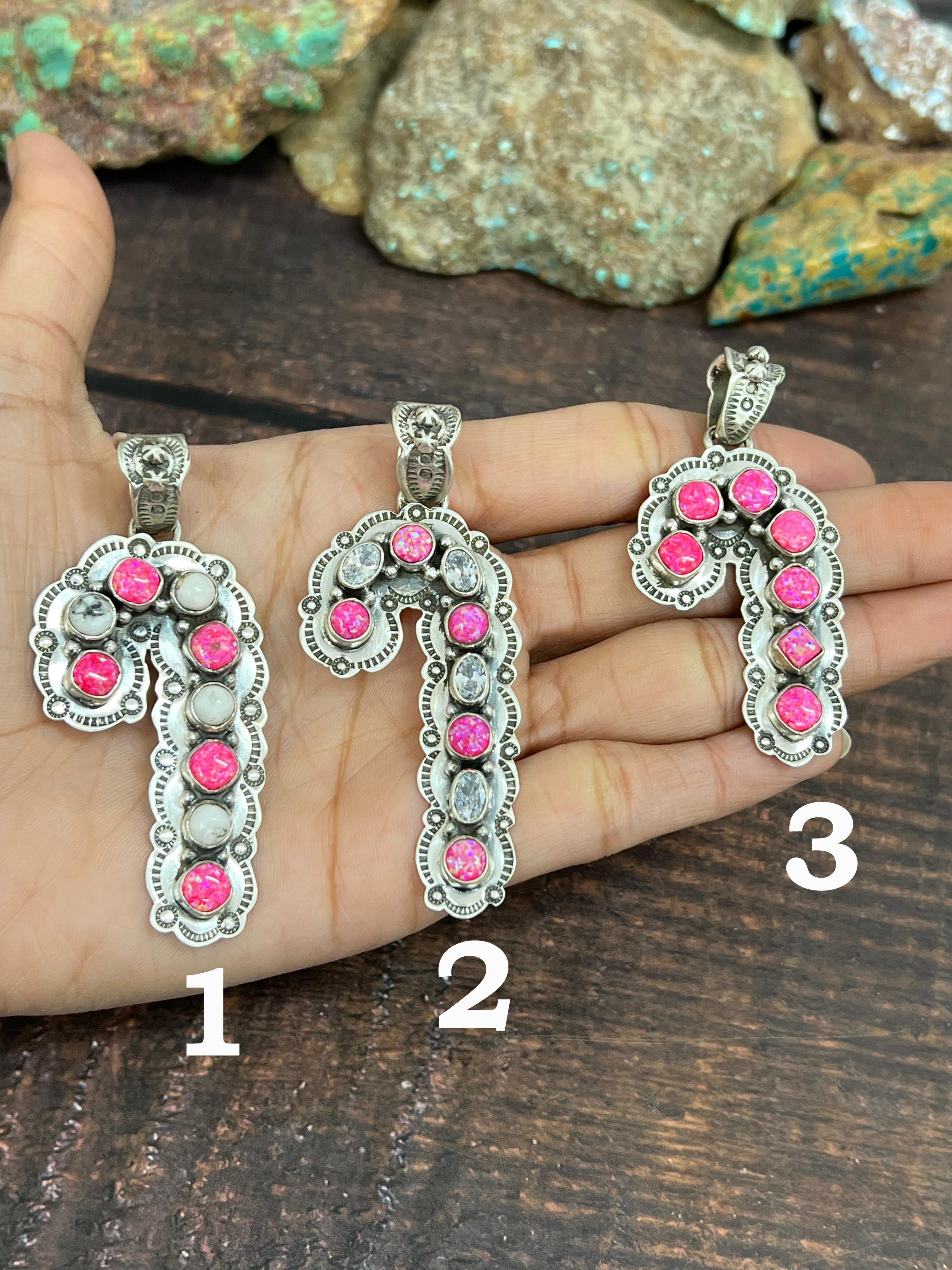 Handmade Sterling Silver Hot Pink with CZ, White Buffalo Pendant, Signed Nizhoni