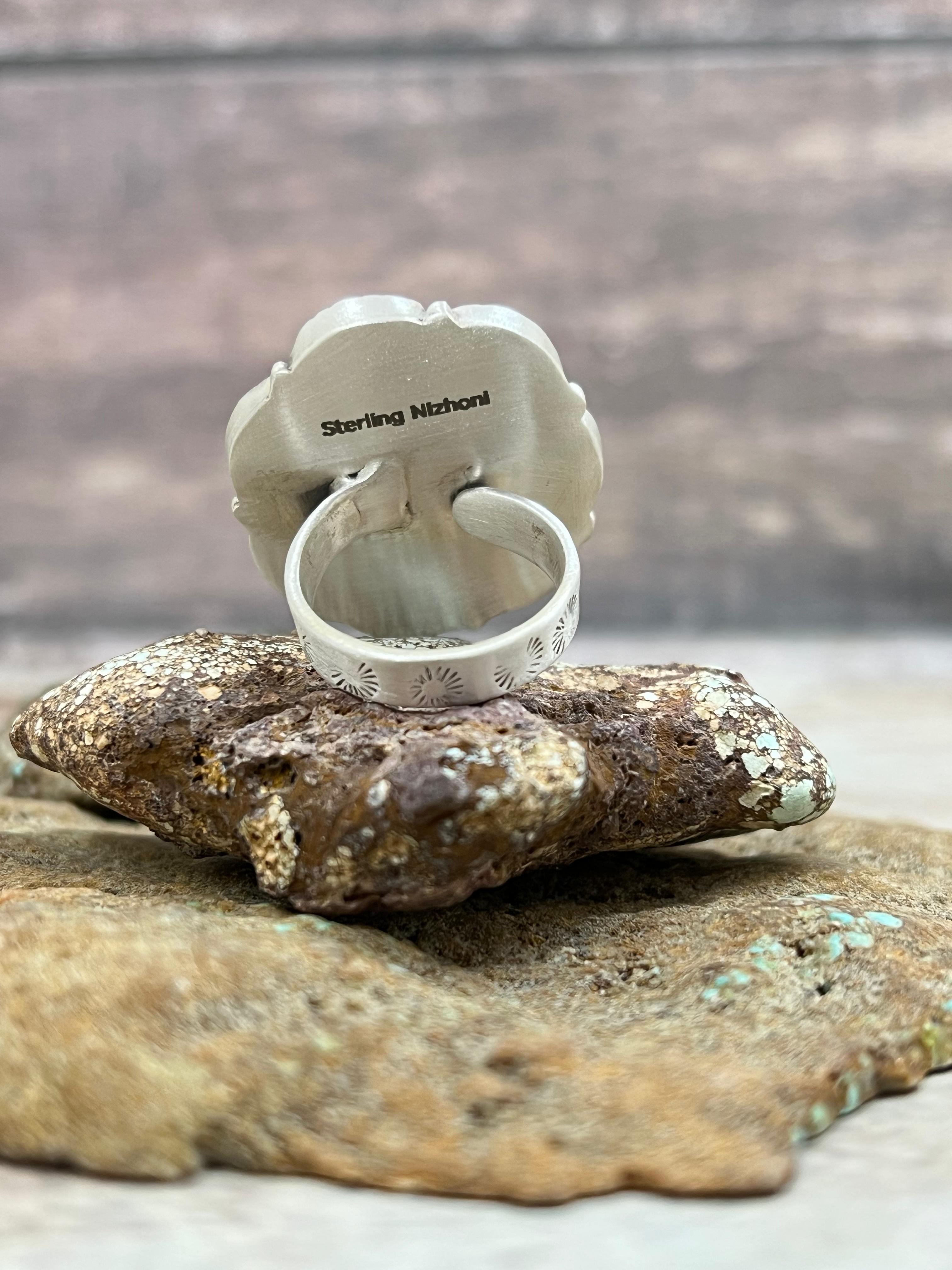 Handmade Sterling Silver Kingman Turquoise Adjustable Ring Signed Nizhoni (3)