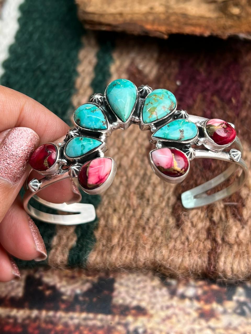 Handmade Sterling Silver Dahlia Rose with Emerald Valley Turquoise Cuff Bracelet "Signed Nizhoni"