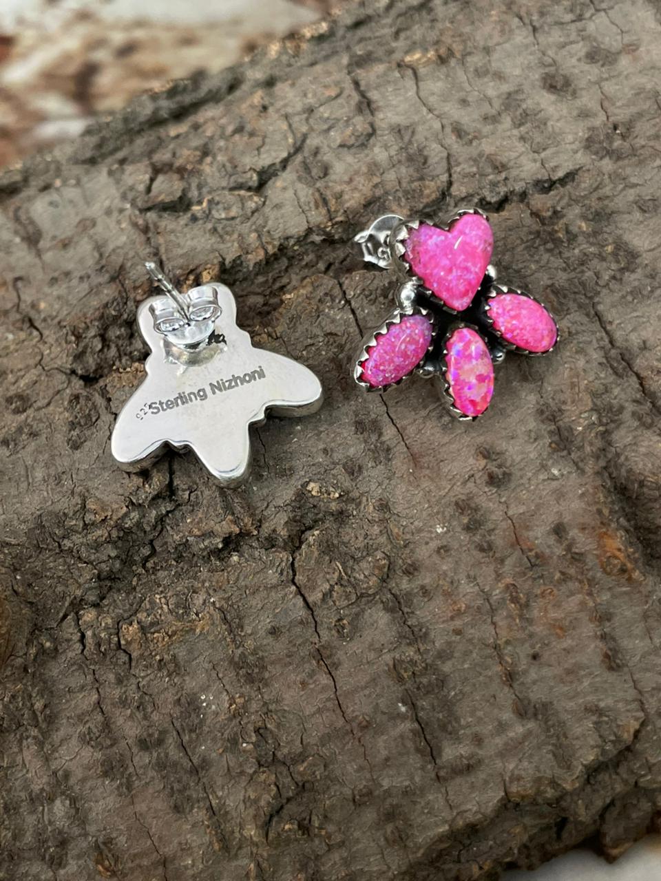 "Heart Collection" Handmade Sterling Silver Hot Pink Post Studs Earrings "Signed Nizhoni"