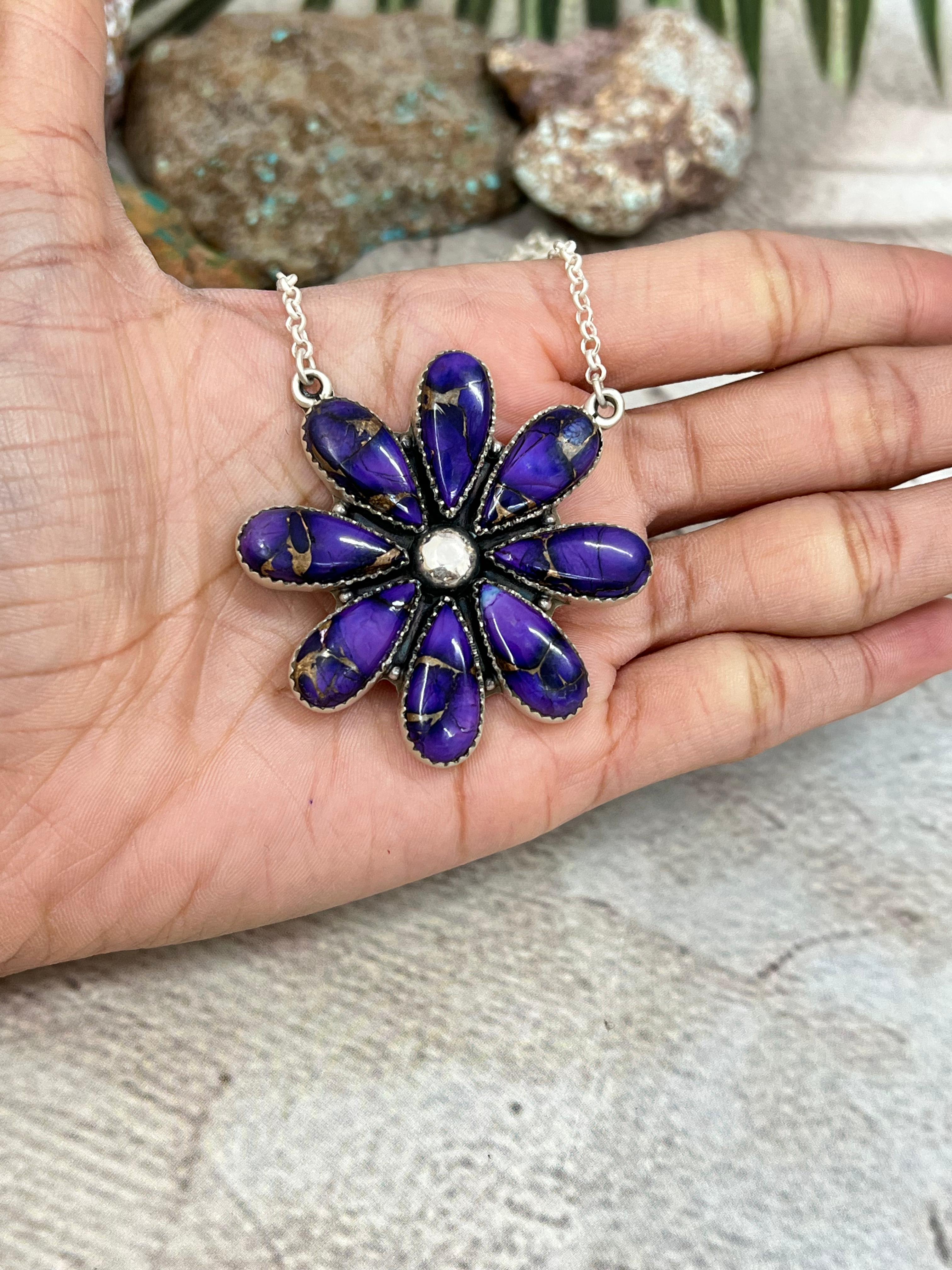 Handmade Sterling Silver Grape Dahlia Necklace with Signed Nizhoni