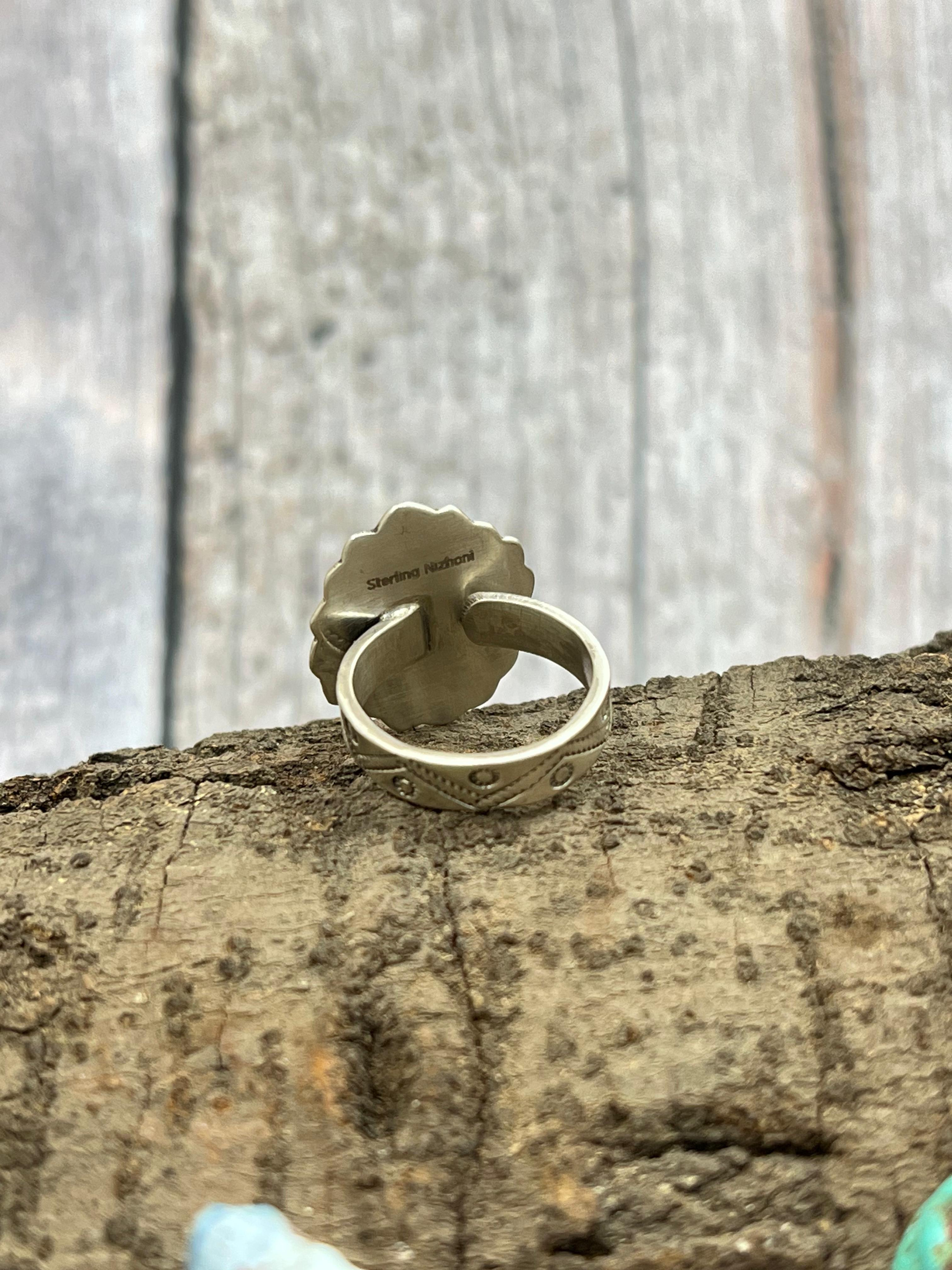 Handmade Sterling Silver Dahlia Rose Adjustable Saguaro Cactus Ring with Signed Nizhoni