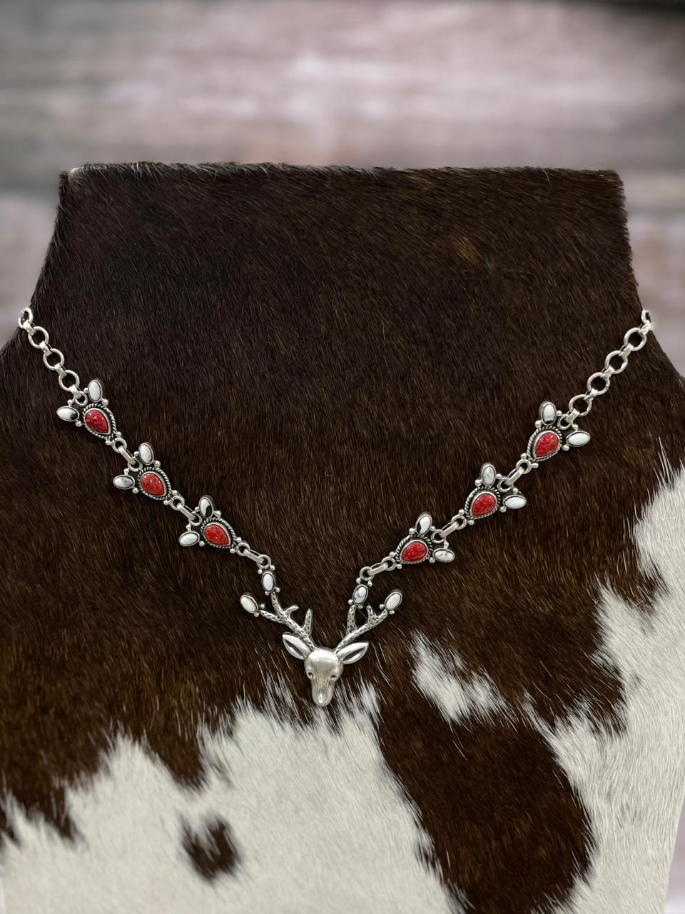 Handmade Sterling Silver White Buffalo with Red Opal Deer Necklace "Signed Nizhoni"