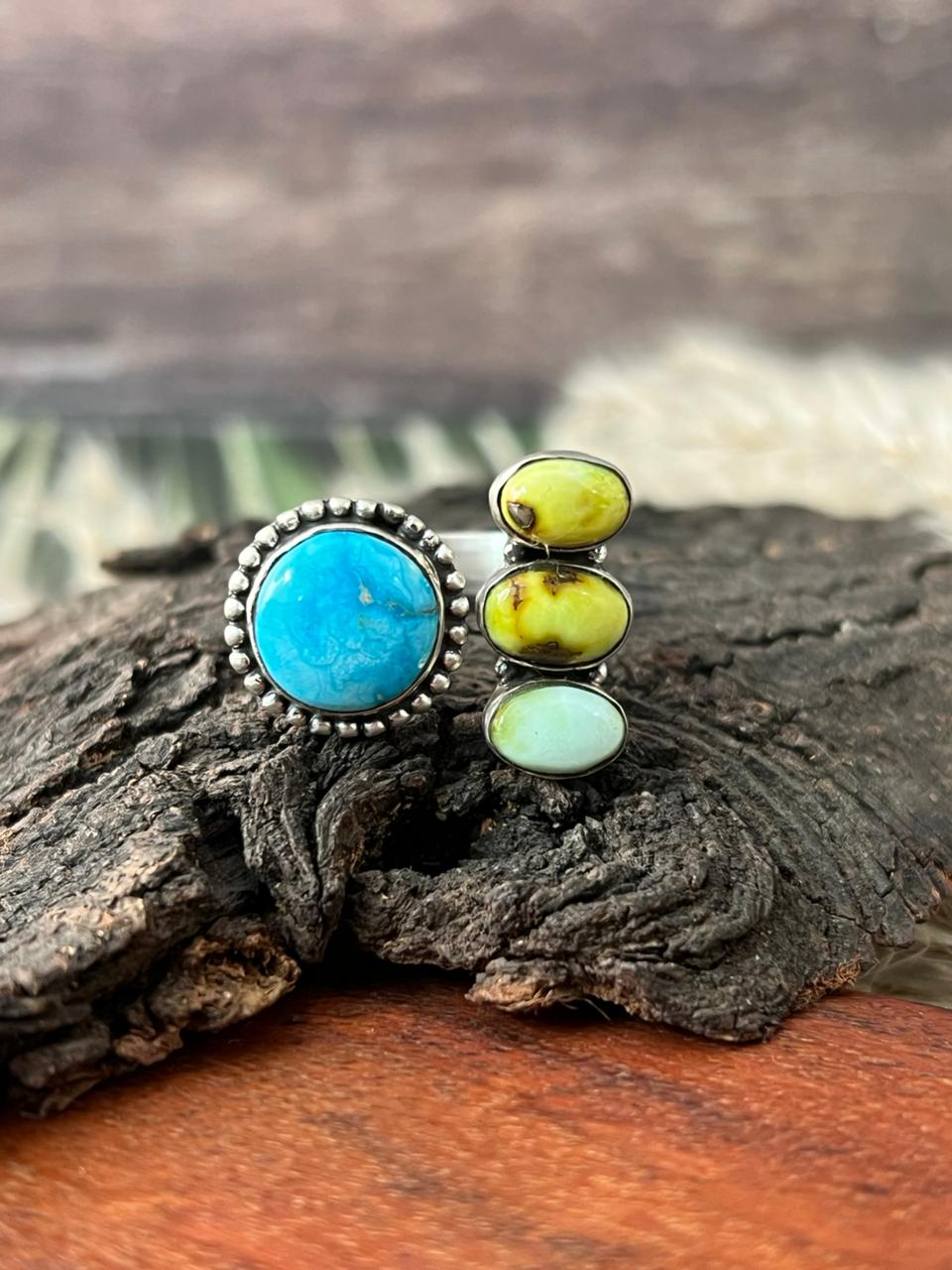 Handmade Sterling Silver White Water with Palomino Turquoise Collection: Adjustable Ring "Signed Nizhoni"