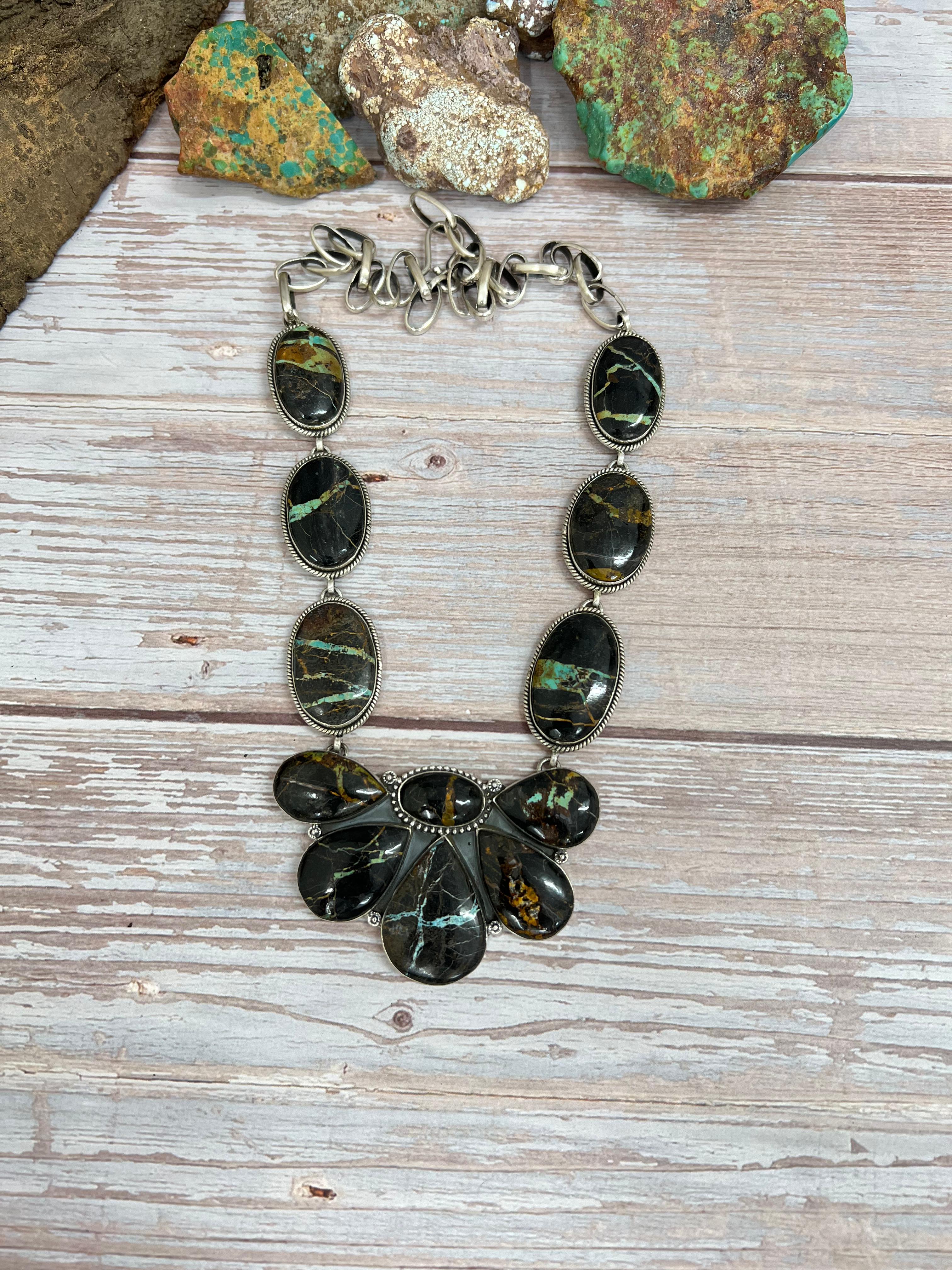 Handmade Sterling Silver Black Jack Necklace with Signed Nizhoni