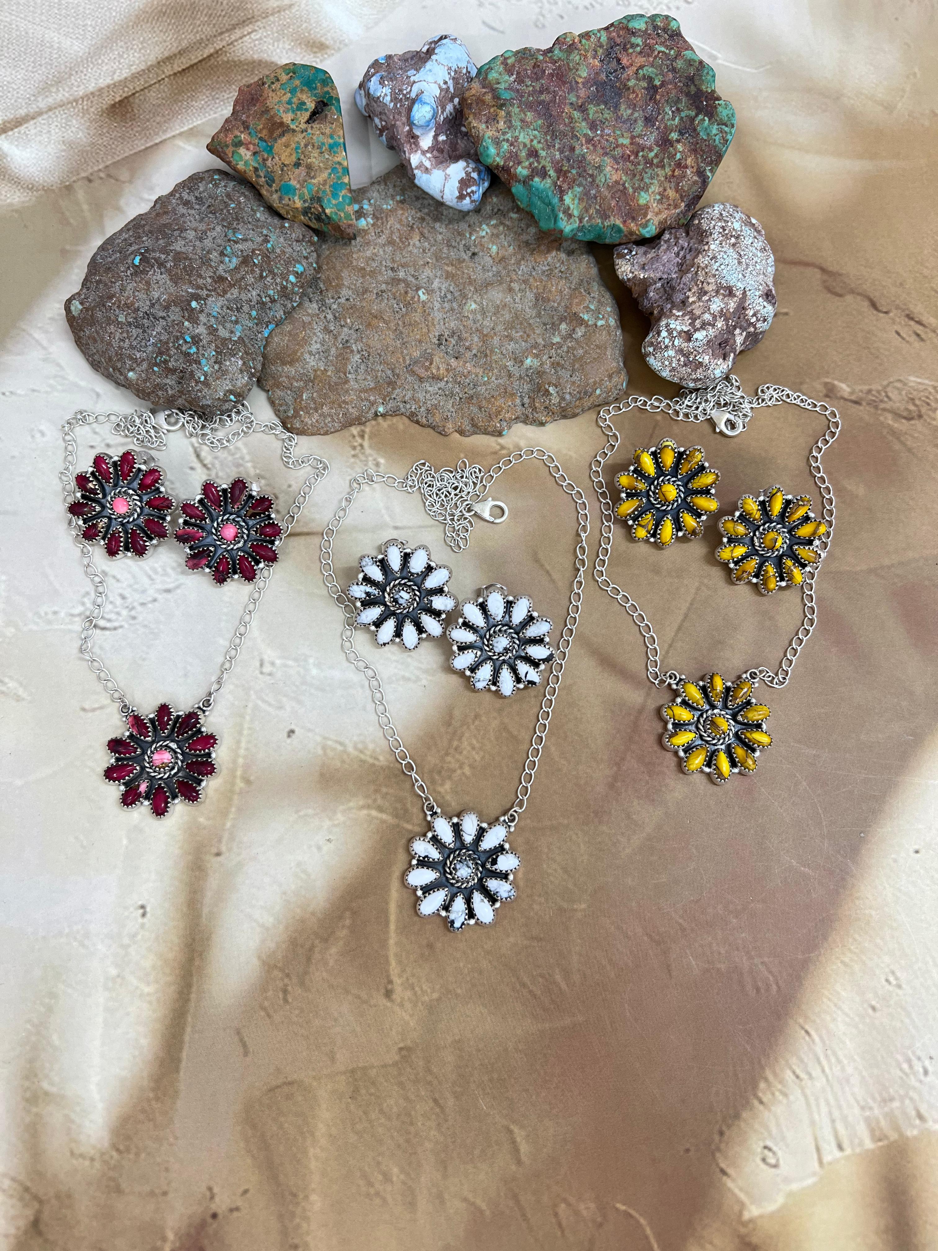 Handmade Sterling Silver Multi Stone Necklace Earrings Set, Signed Nizhoni