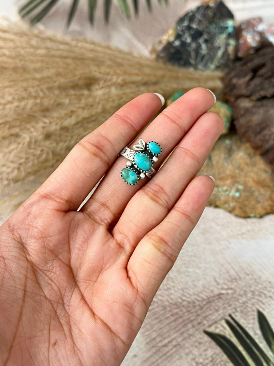Handmade Sterling Silver Kingman Turquoise Adjustable Ring "Signed Nizhoni"