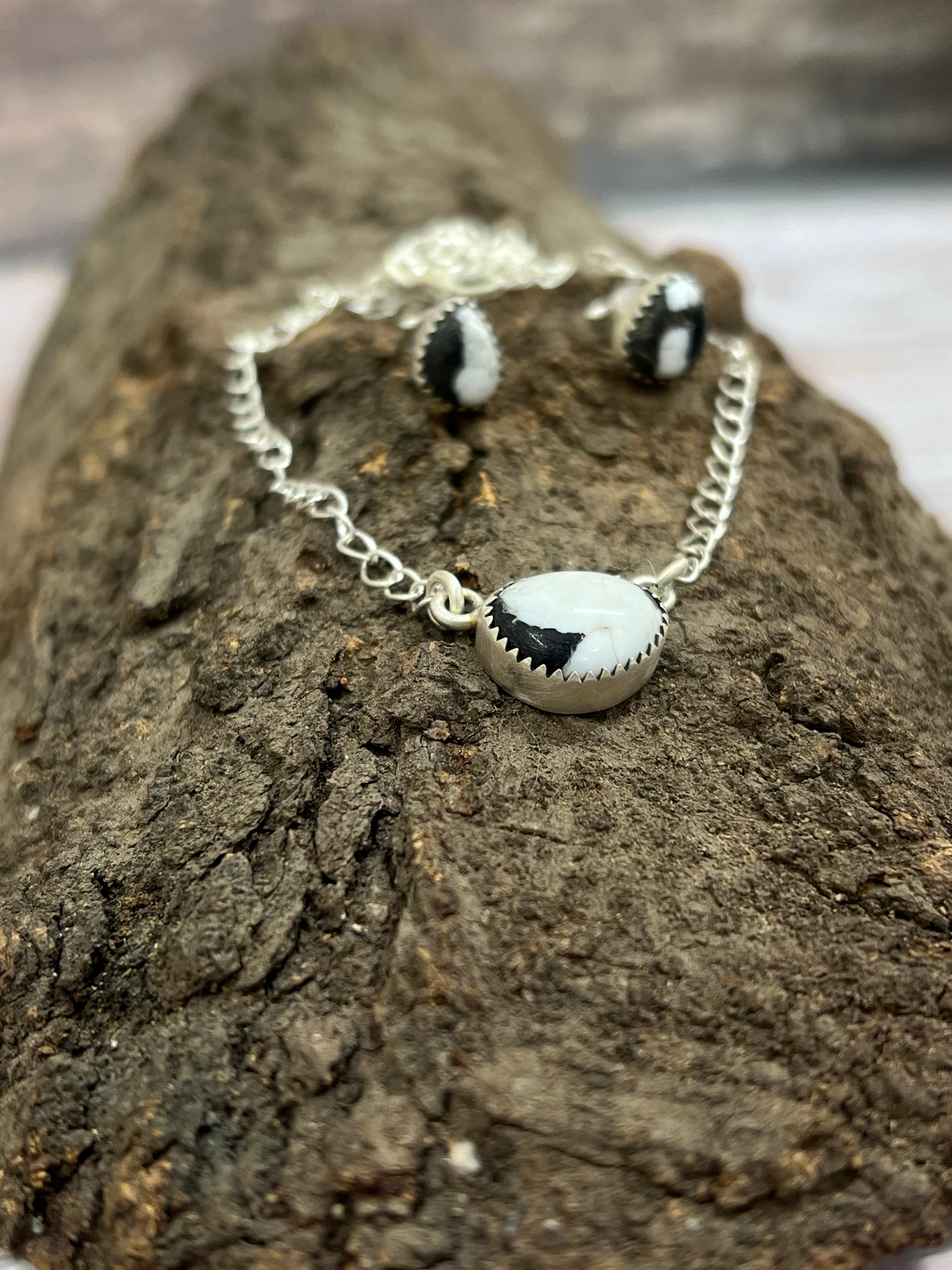 Handmade Sterling Silver White Buffalo Necklace & Earrings Set Signed Nizhoni