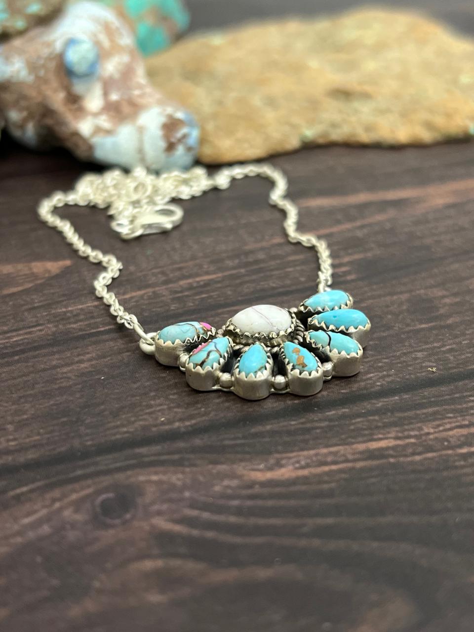 Handmade Sterling Silver Cotton Candy Turquoise Necklace with Signed Nizhoni