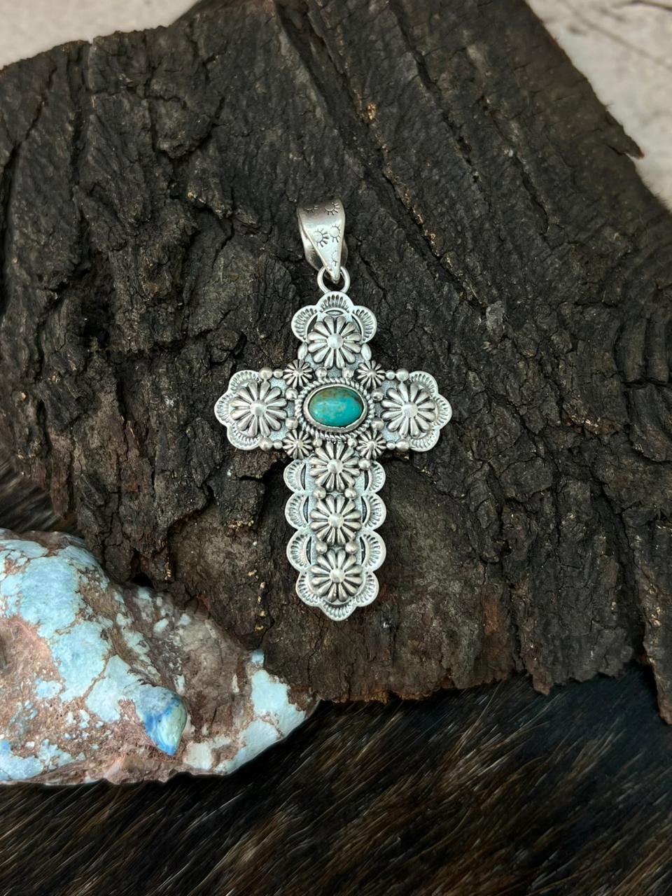 Handmade Sterling Silver Kingman Turquoise Cross Pendant "Signed Nizhoni" (5)