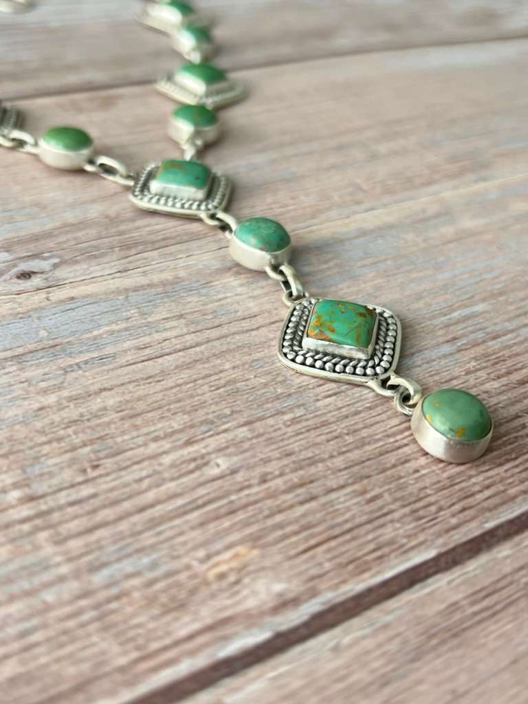 Handmade Sterling Silver Old Stock Royston Turquoise Necklace with Signed Nizhoni