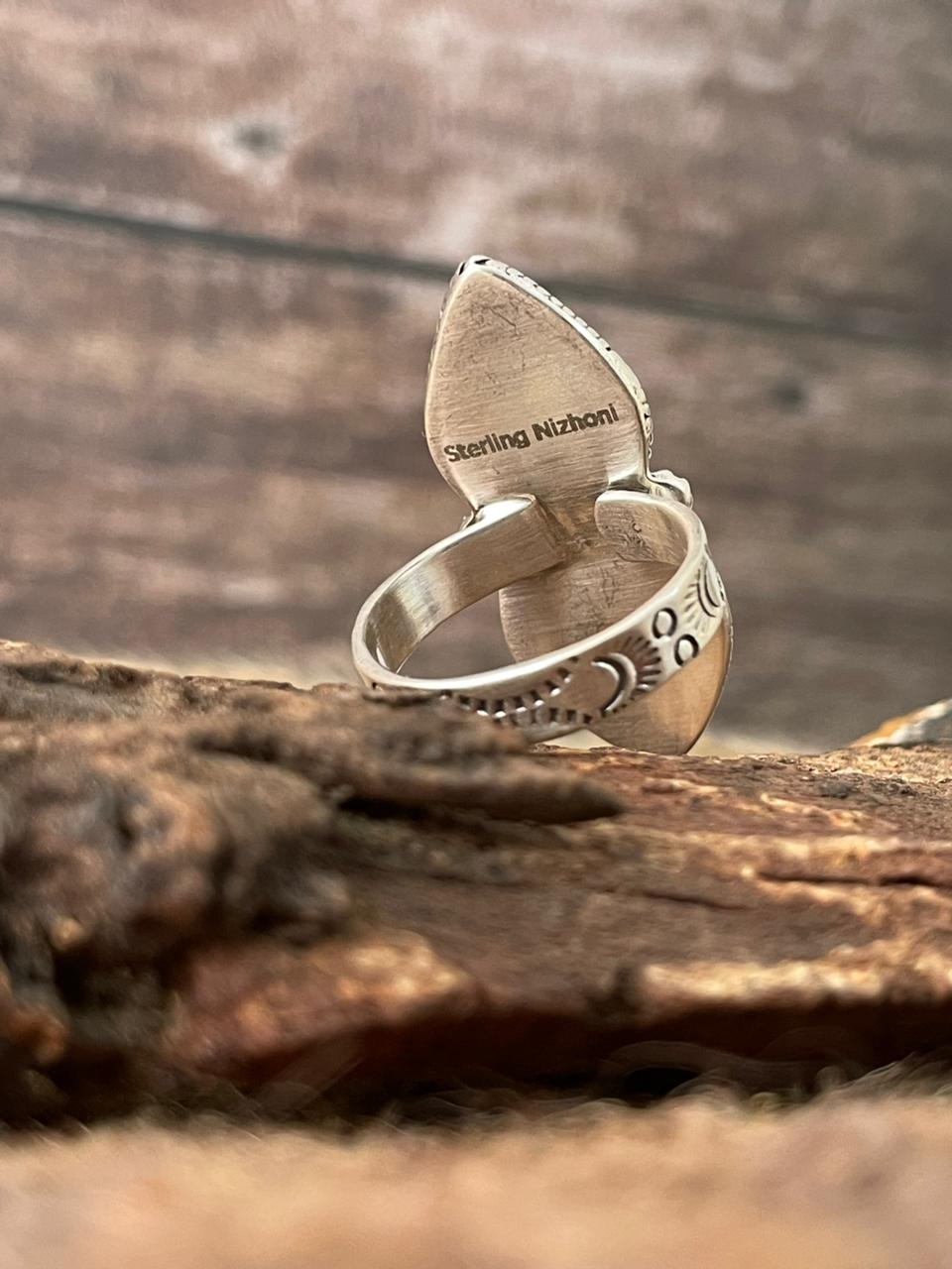 Handmade Sterling Silver Royston Ribbon Turquoise Adjustable Ring "Signed Nizhoni"