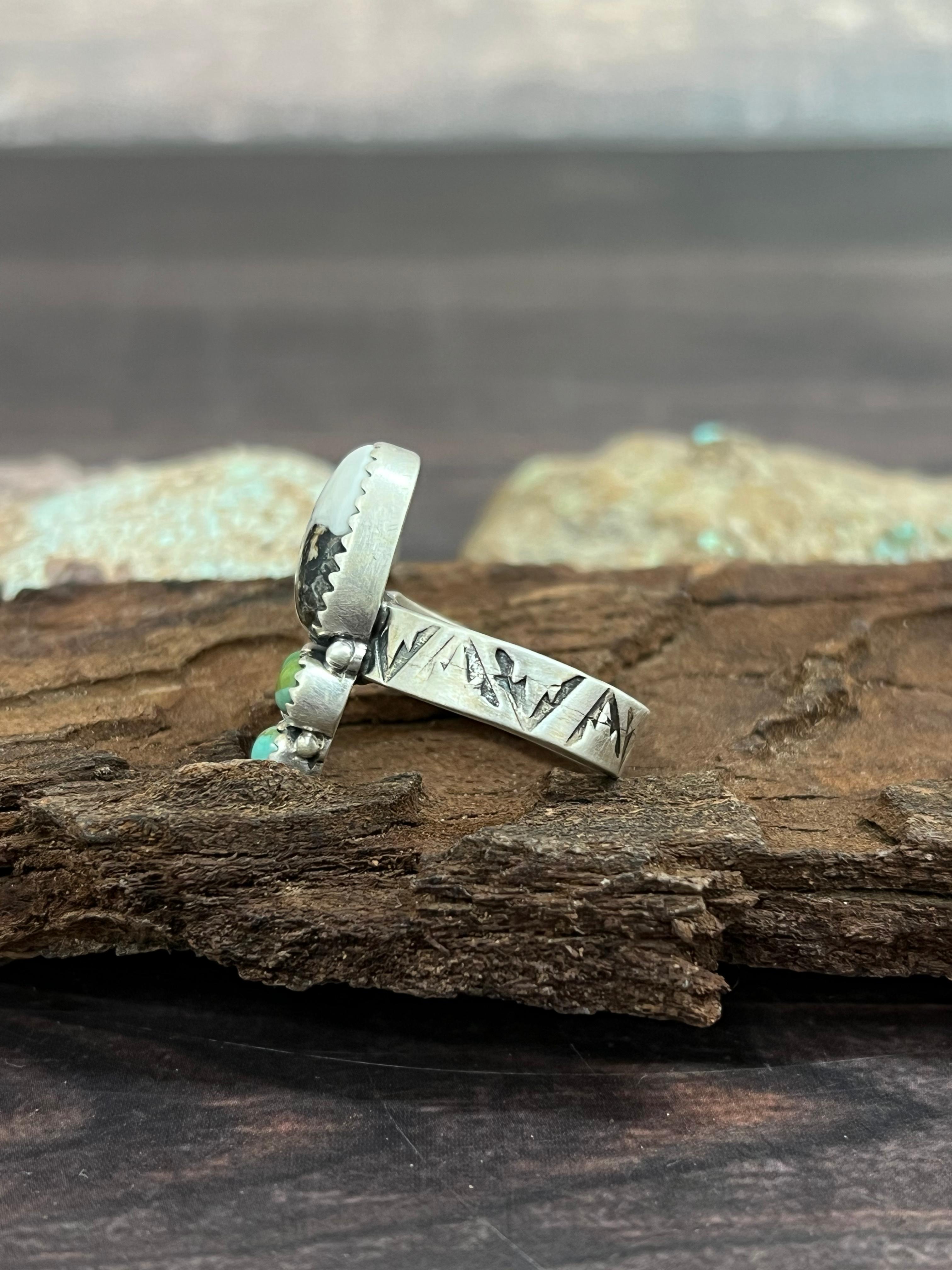 Handmade Sterling Silver Kingman with White Buffalo Turquoise Adjustable Ring with Signed Nizhoni
