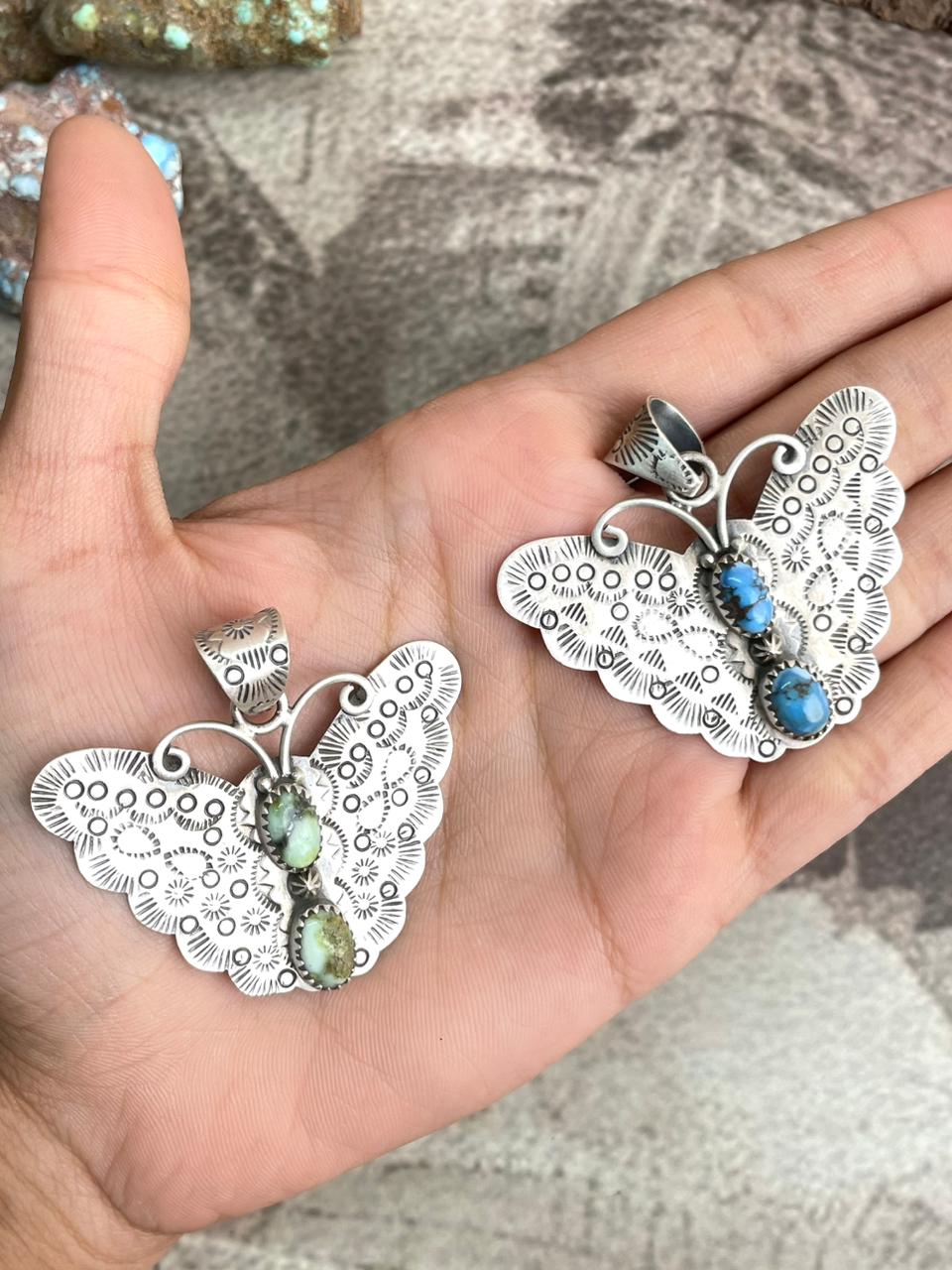 Handmade Sterling Silver Palomino Turquoise, Golden Hills Turquoise Butterfly Pendant with Signed Nizhoni