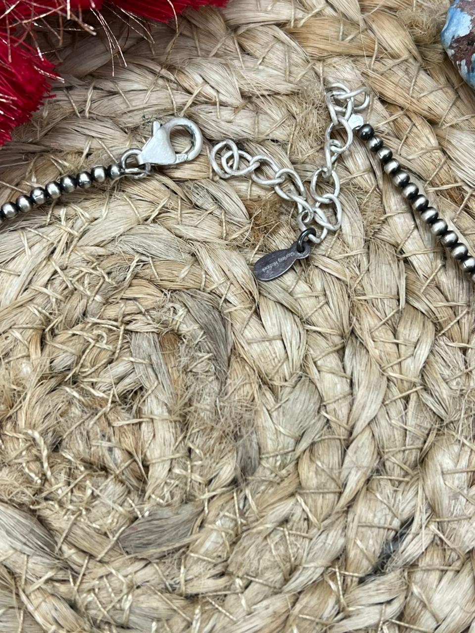 Handmade Sterling Silver Beaded Kingman Turquoise Necklace "Signed Nizhoni"