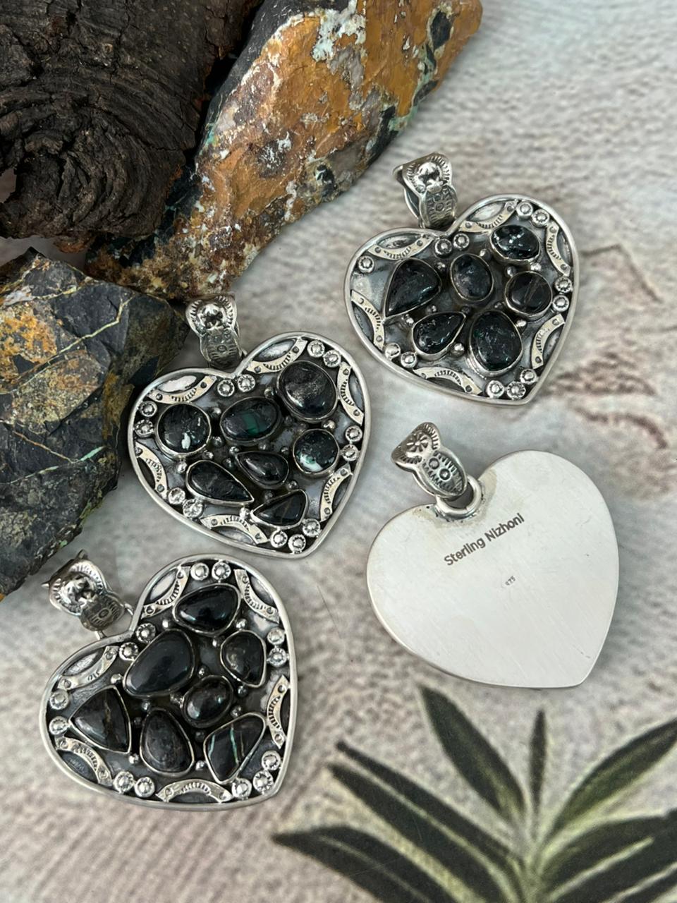 Handmade Sterling Silver Blackjack Turquoise Heart Pendant "Signed Nizhoni"