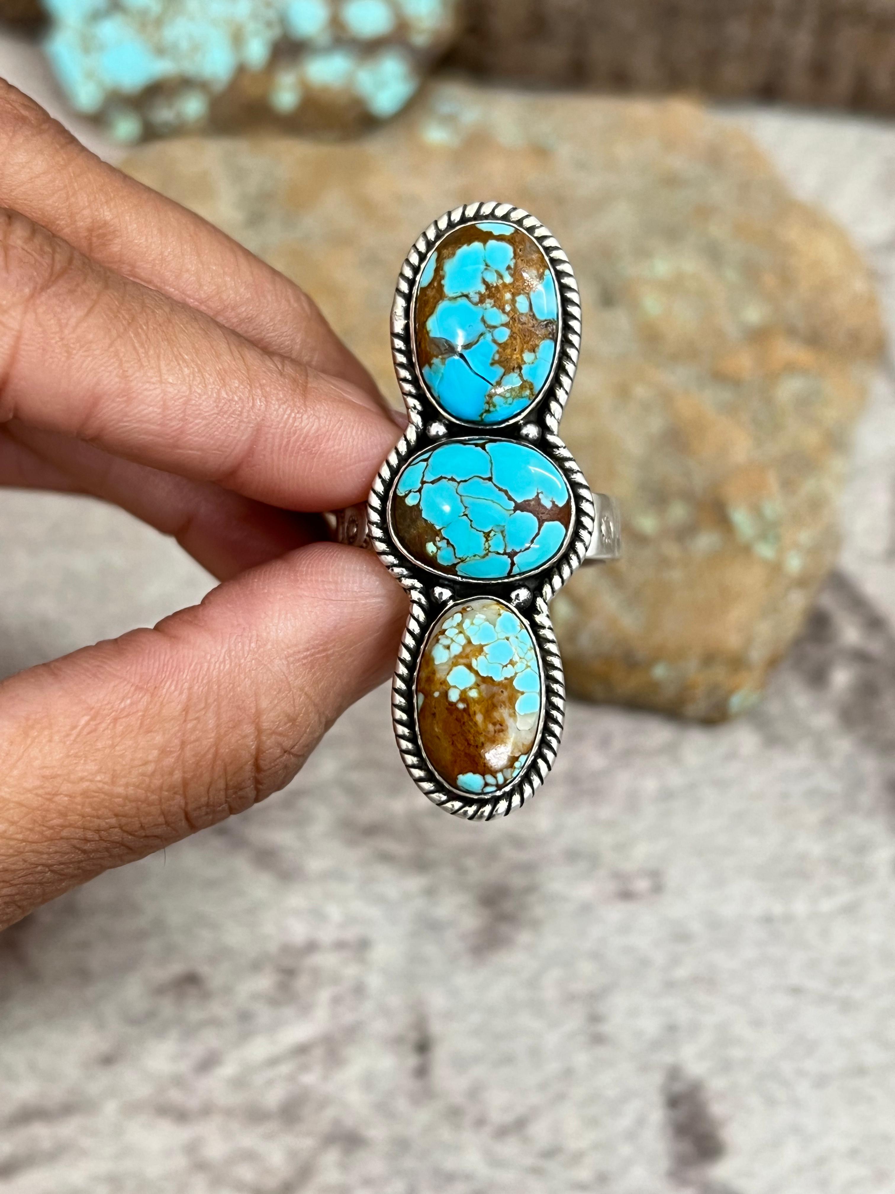 Handmade Sterling Silver Number 8 Turquoise Adjustable Ring with Signed Nizhoni