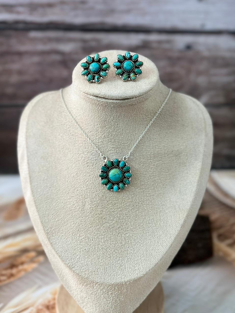 Handmade Sterling Silver Kingman Turquoise Necklace Earrings Set "Signed Nizhoni"