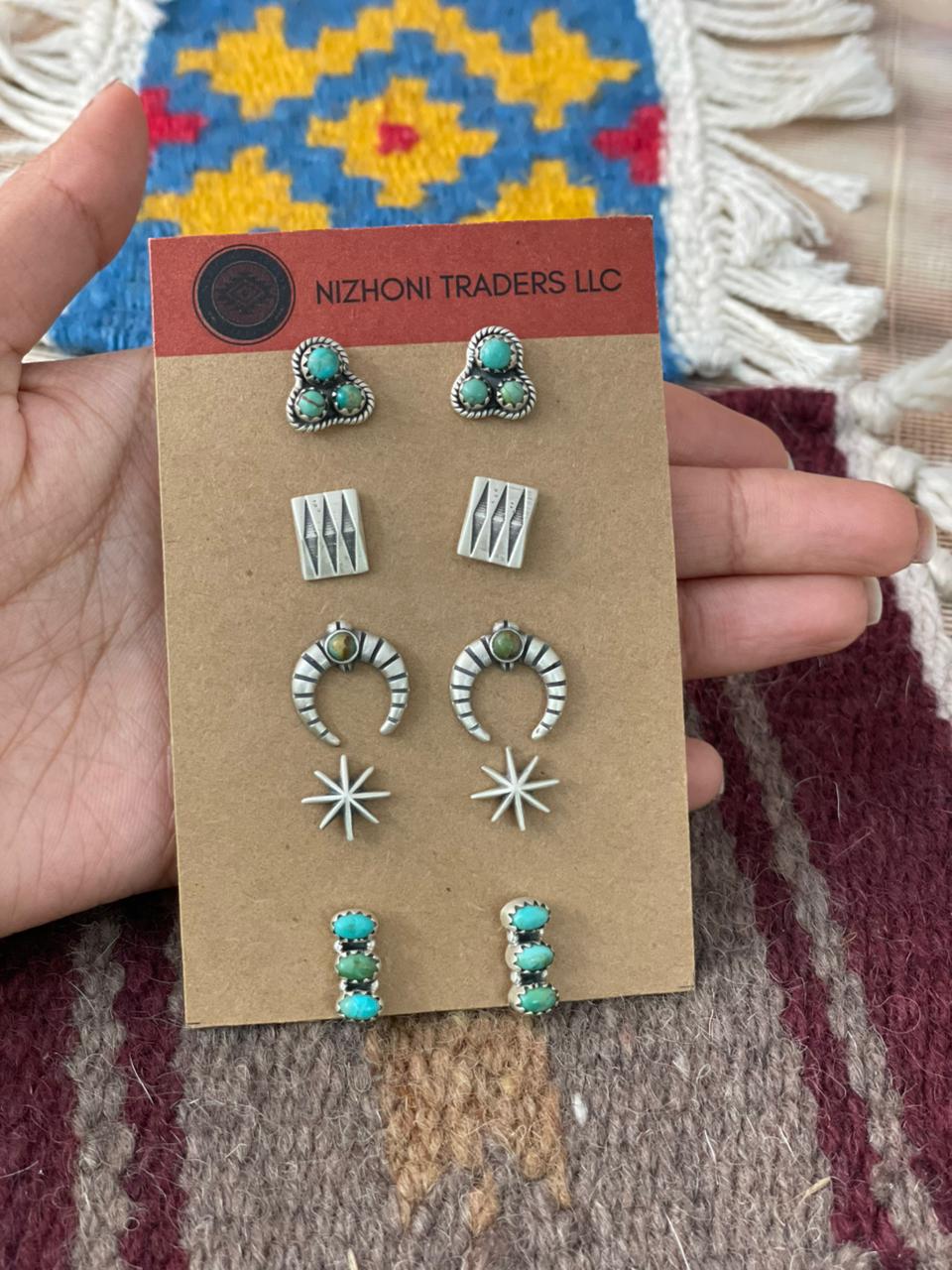 Handmade Sterling Silver Kingman Turquoise Post Studs Earrings Set