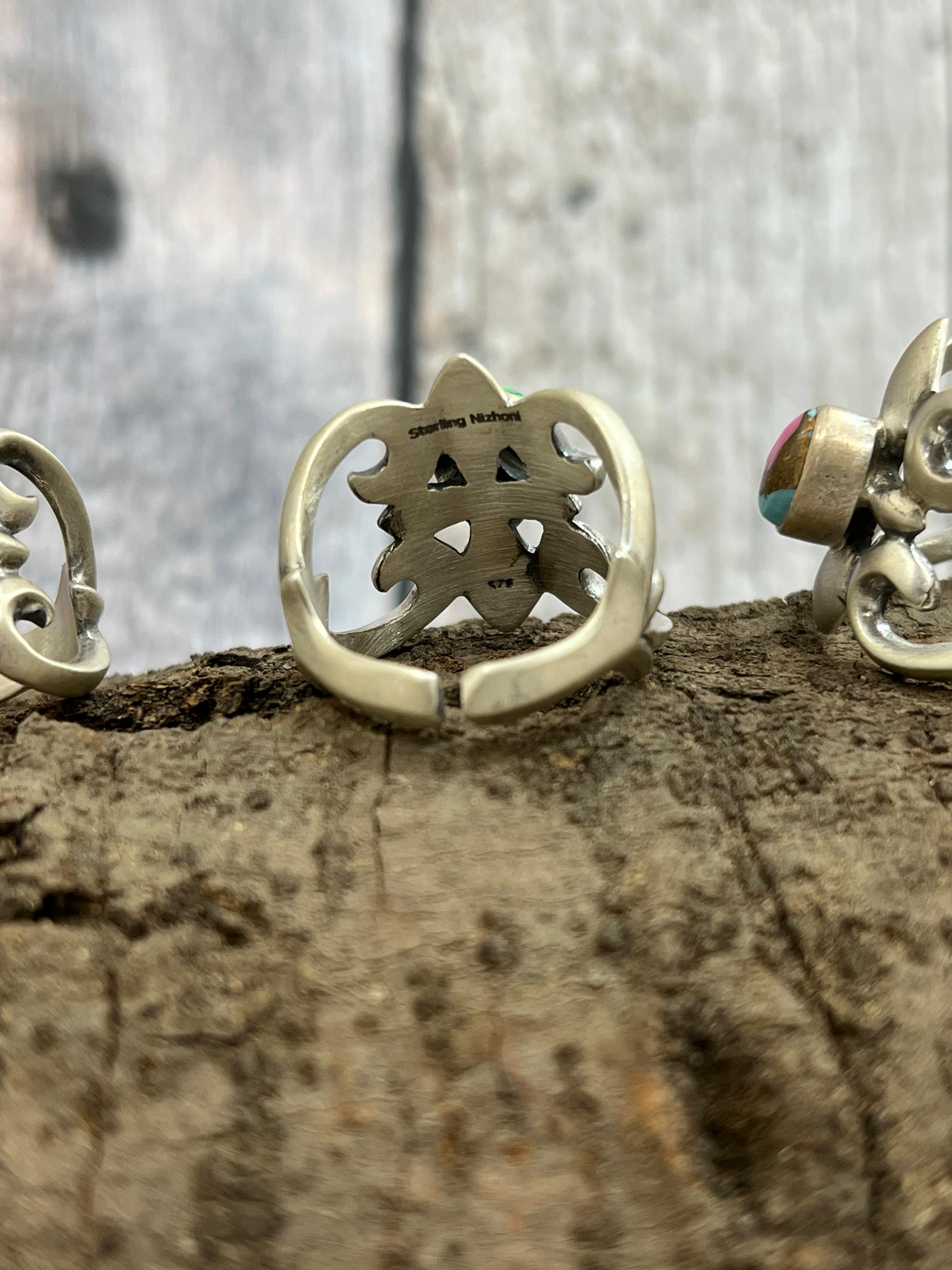 Handmade Sterling Silver Multi Stone Adjustable Ring, Signed Nizhoni (2)