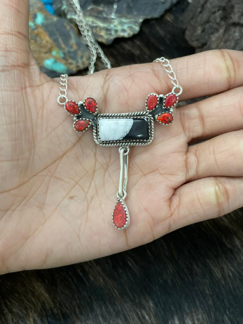 Handmade Sterling Silver White Buffalo with Red Opal Necklace "Signed Nizhoni"