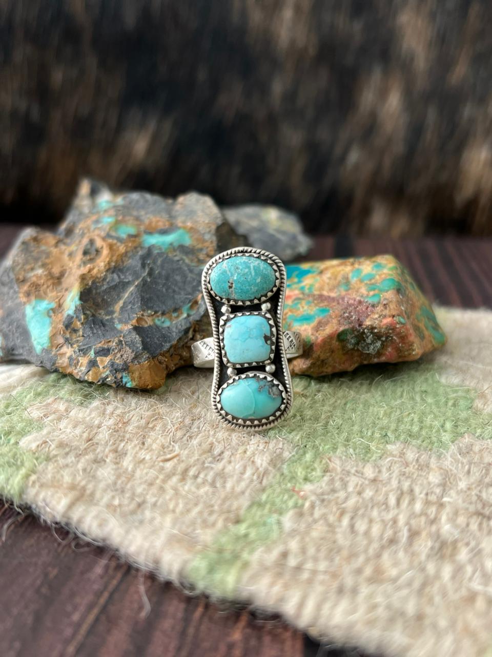 Handmade Sterling Silver White Water Turquoise Adjustable Ring "Signed Nizhoni"