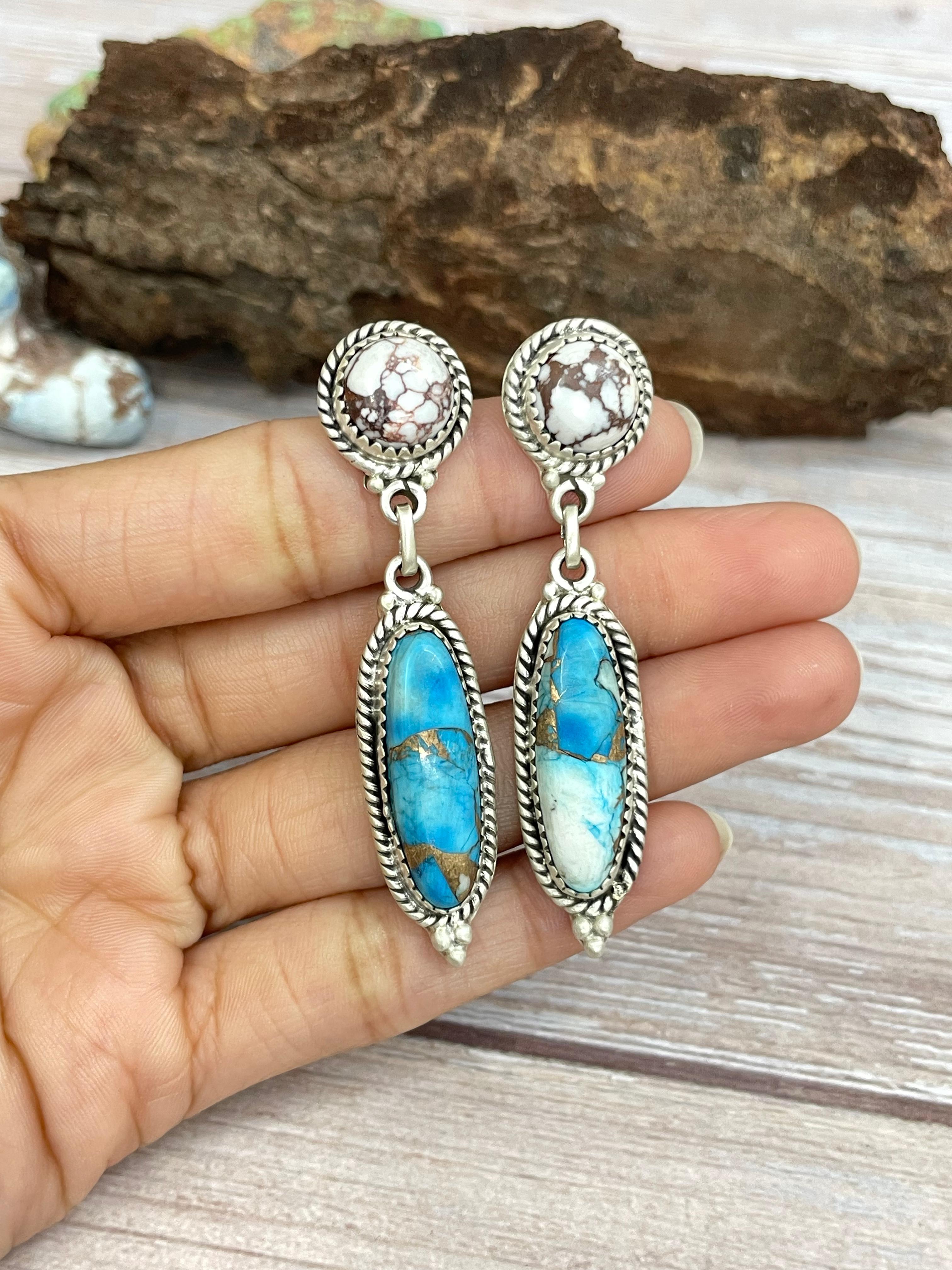 Handmade Sterling Silver Ice Blue Dahlia with Wild Horse Dangle Earrings, Signed Nizhoni