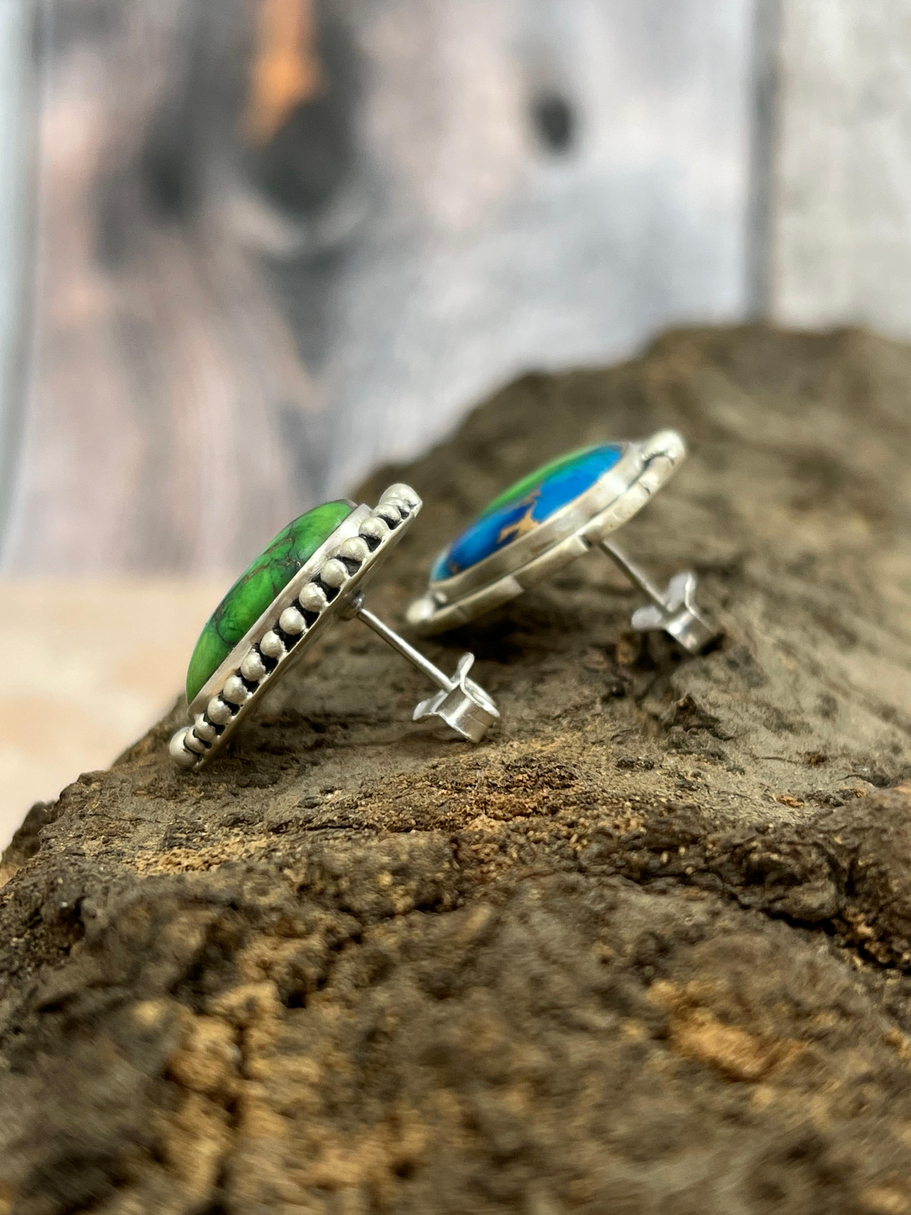 Handmade Sterling Silver Peacock Dahlia Post Earrings with Signed Nizhoni