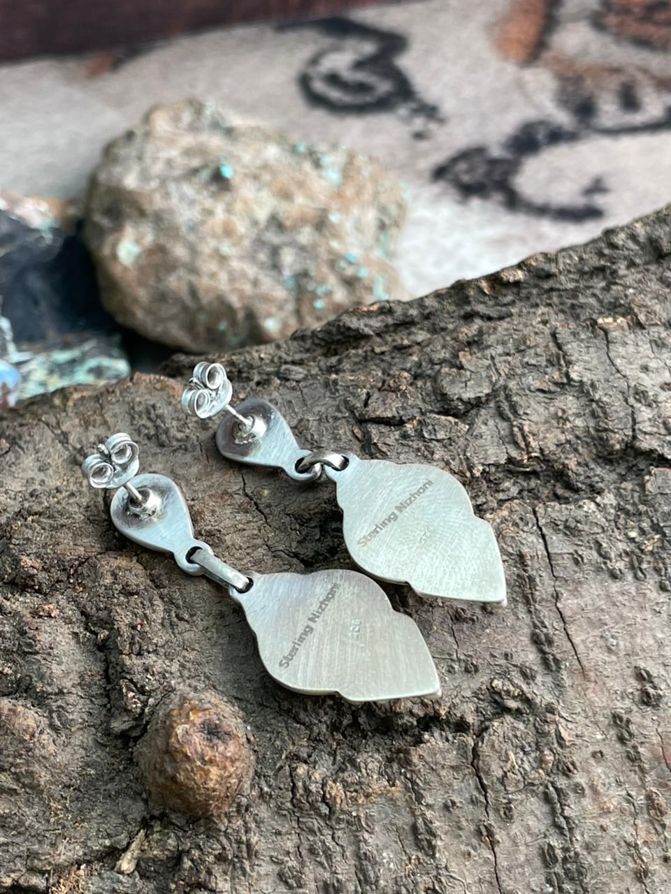 Handmade Sterling Silver White Buffalo Post Dangle Earrings "Signed Nizhoni"