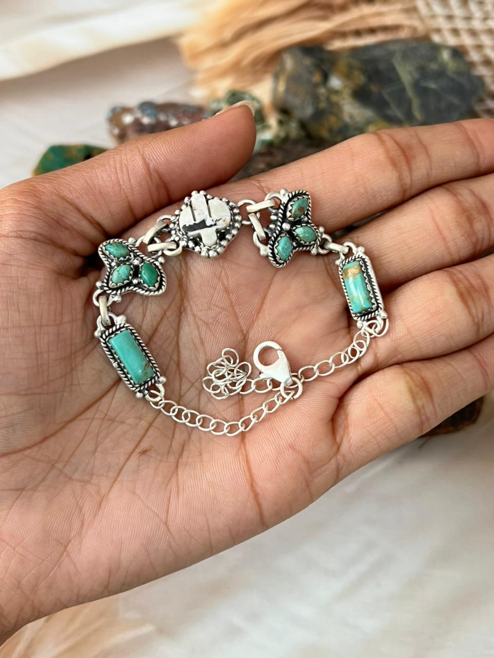 Handmade Sterling Silver Kingman Turquoise with White Buffalo Chain Bracelet "Signed Nizhoni"