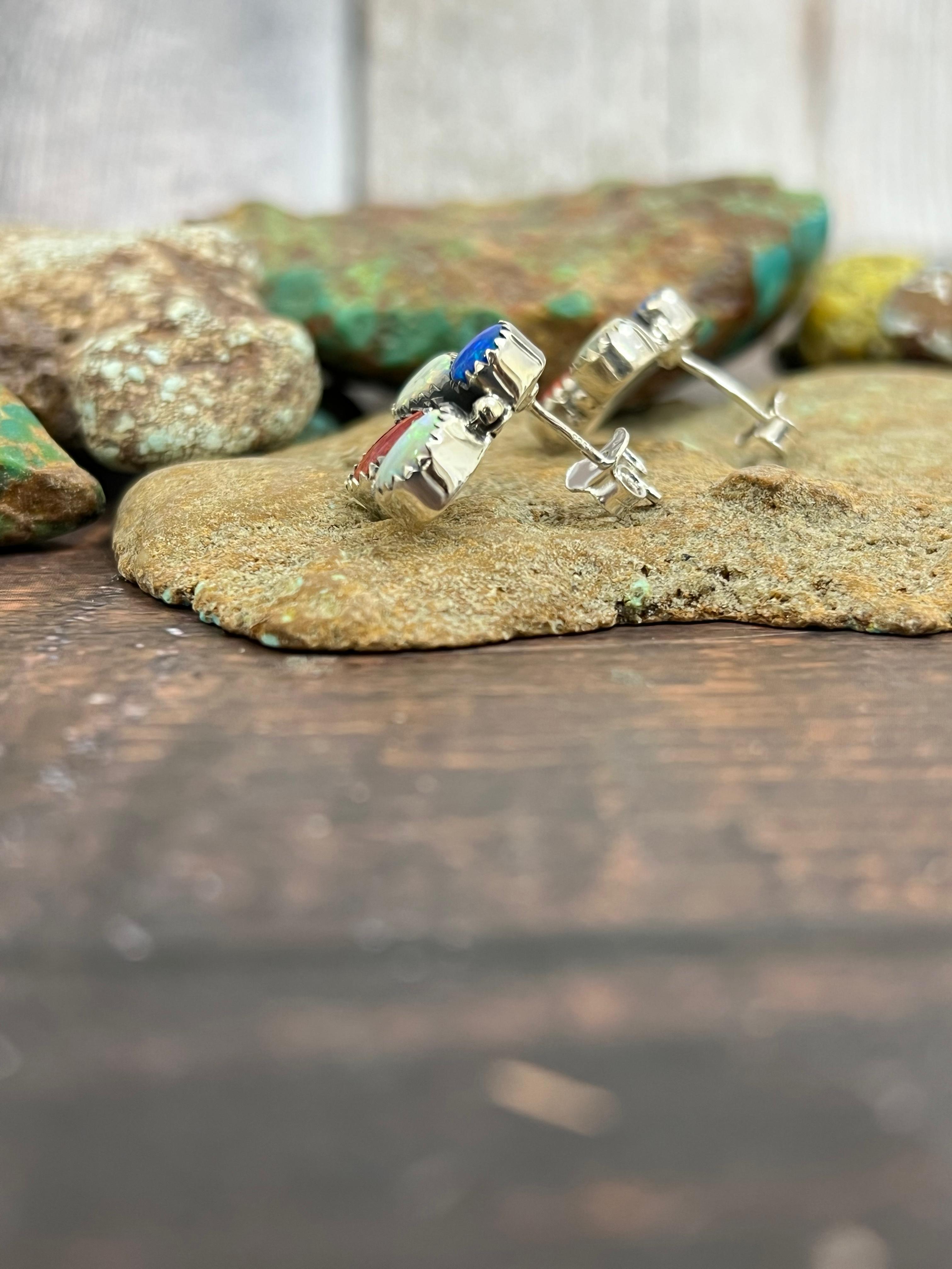 ** 4TH OF JULY ** Handmade Sterling Silver Synthetic Opal Post Earrings with Signed Nizhoni