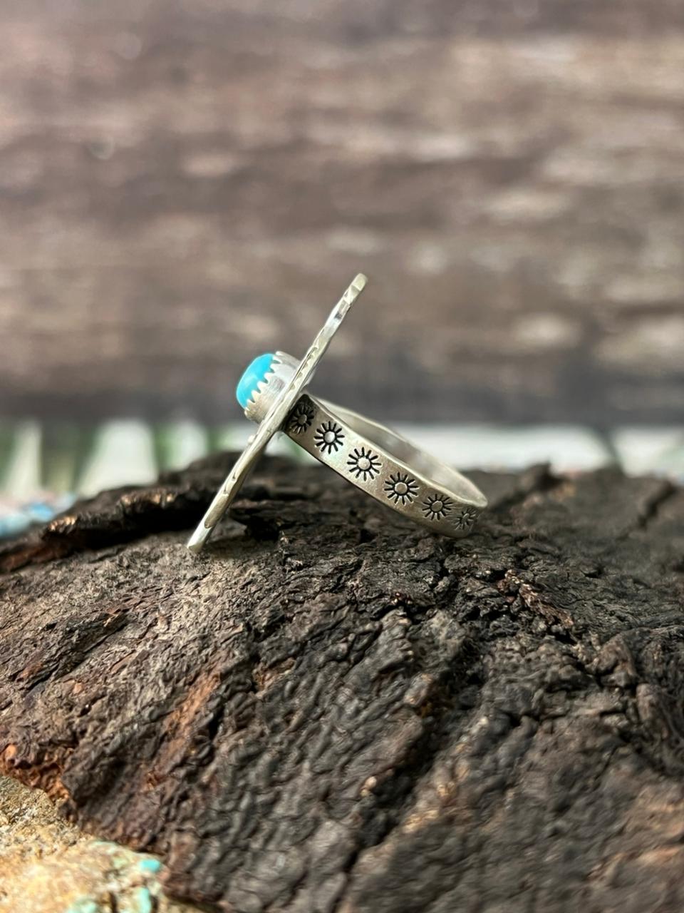 Handmade Sterling Silver Kingman Turquoise Thunder Bird Adjustable Ring "Signed Nizhoni"