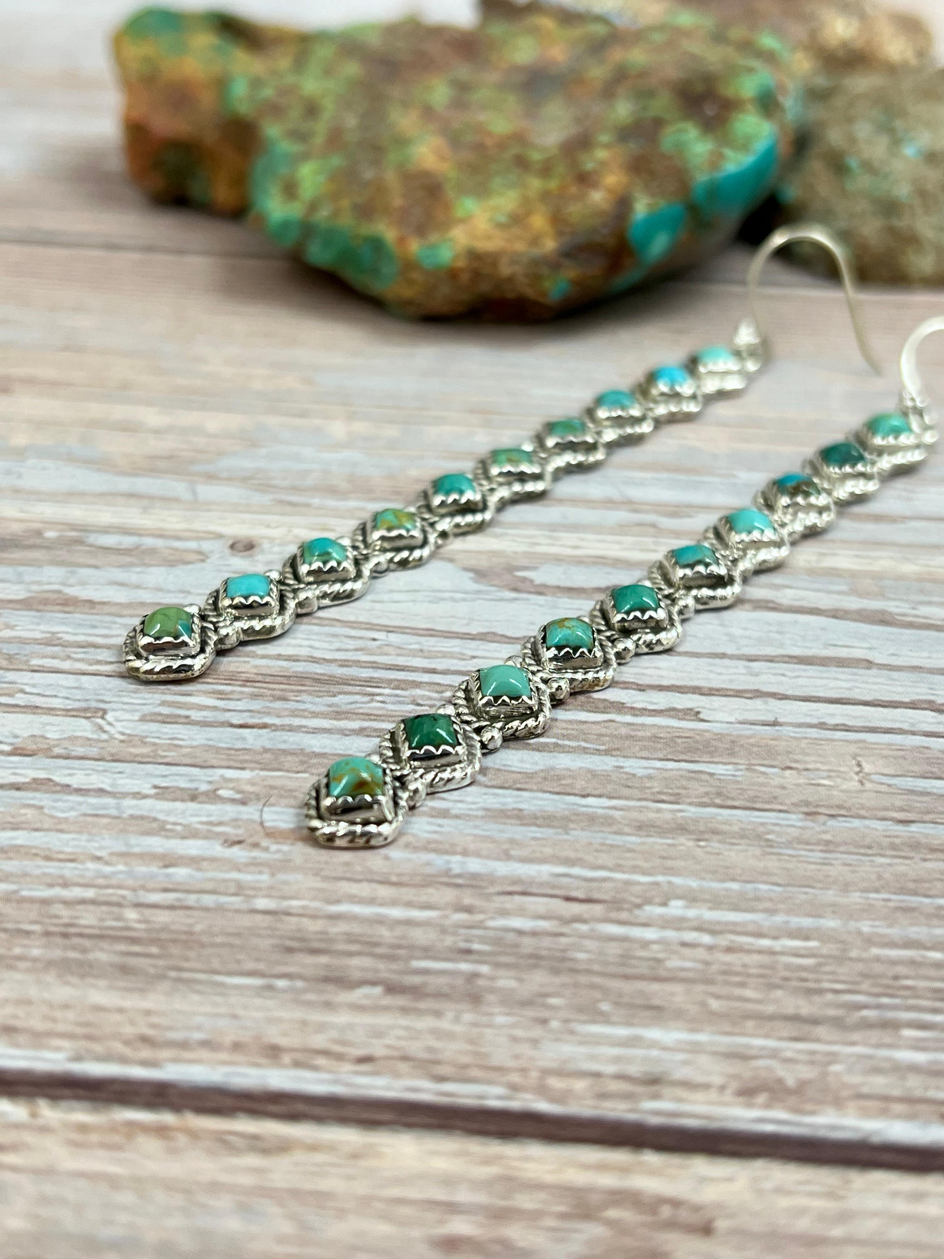 Handmade Sterling Silver Kingman Turquoise Post Dangle Earrings with Signed Nizhoni