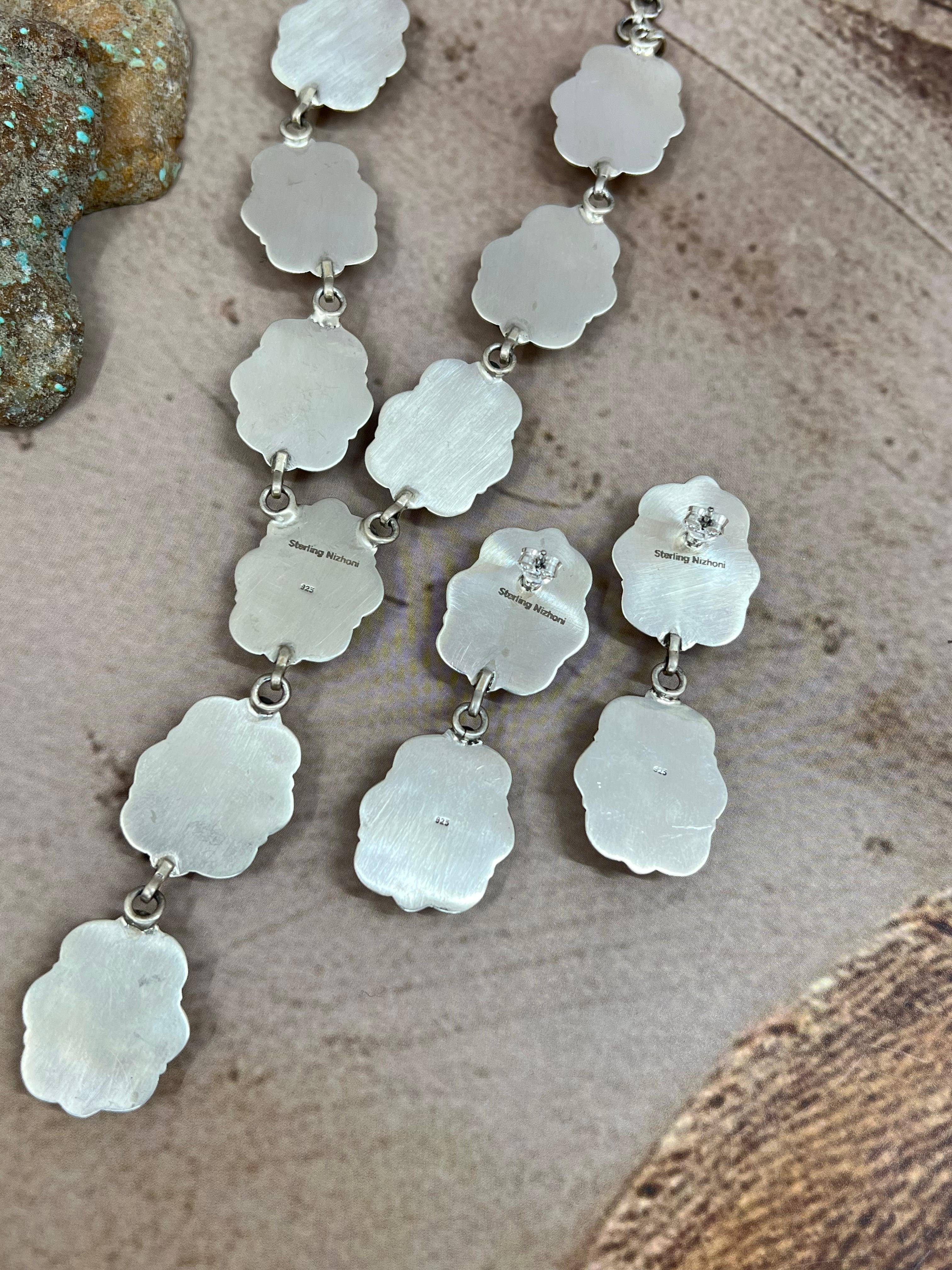 Handmade Sterling Silver Cotton Candy Turquoise Necklace Earrings Set, Signed Nizhoni