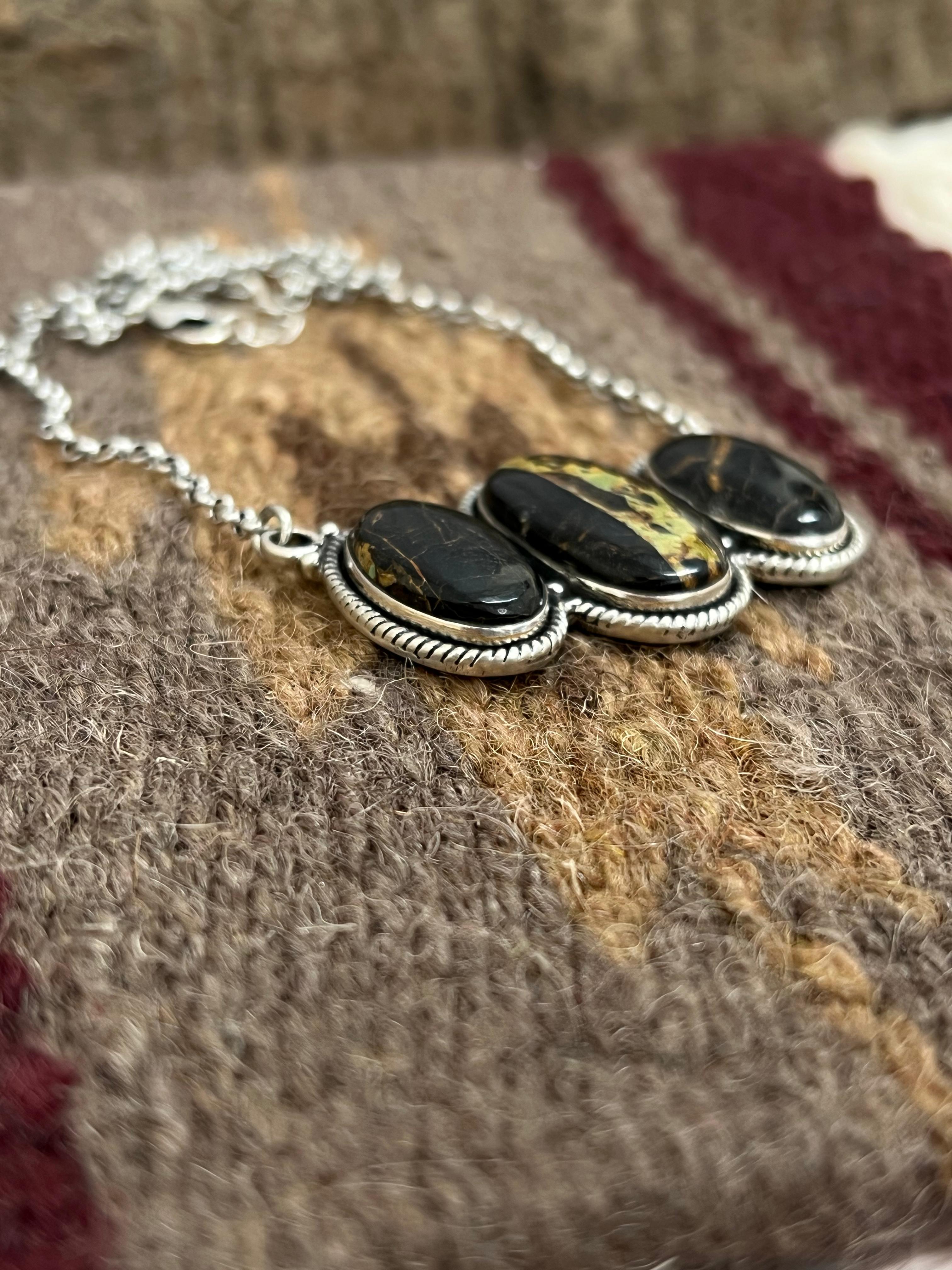 Handmade Sterling Silver Black Jack Necklace with Signed Nizhoni