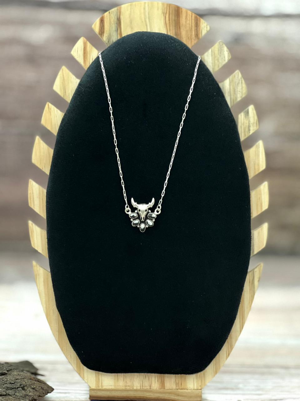 Handmade Sterling Silver White Buffalo Bull Necklace "Signed Nizhoni"