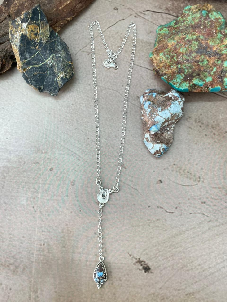 Handmade Sterling Silver Golden Hills Turquoise Drop Necklace "Signed Nizhoni"