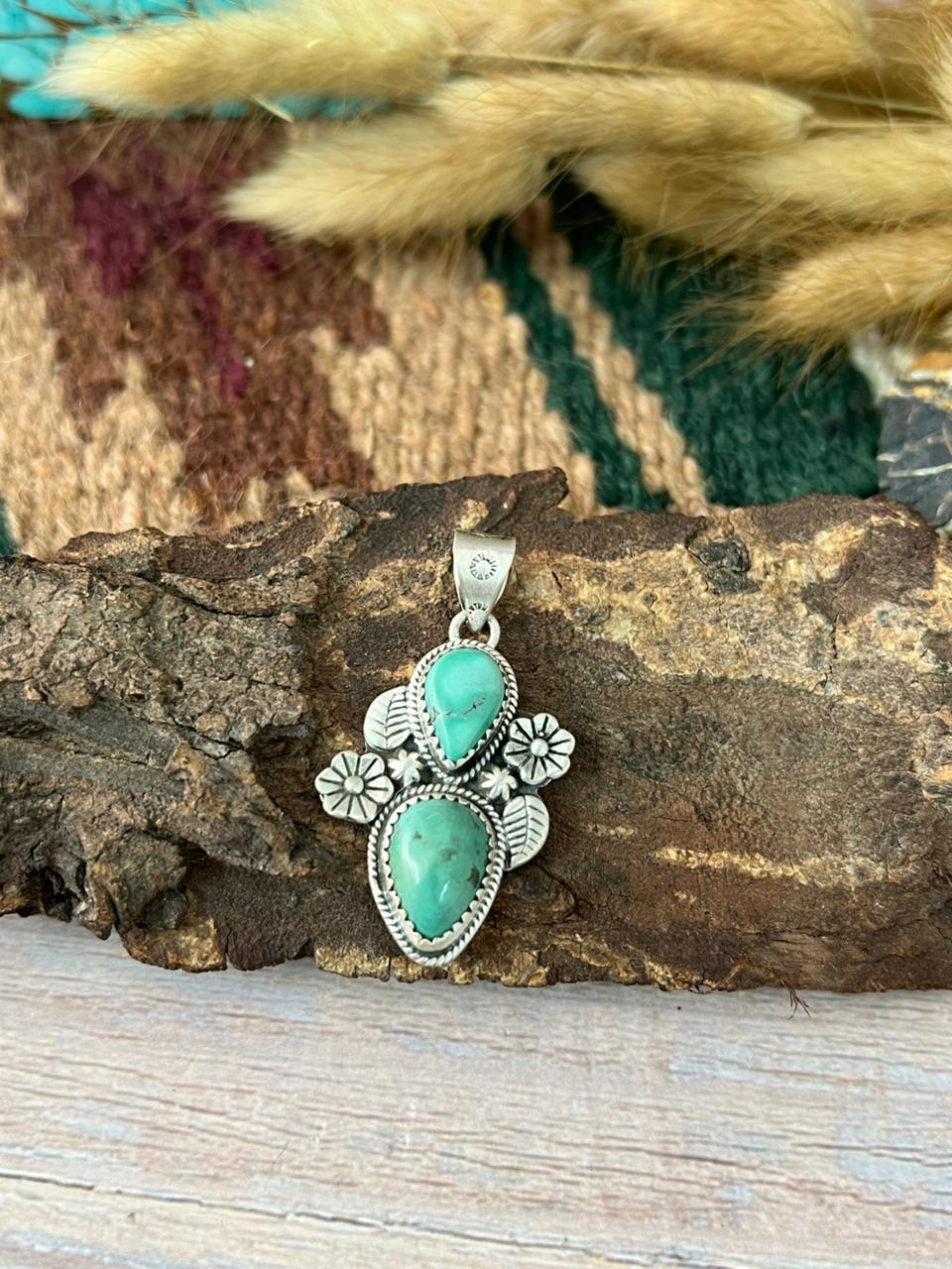 Handmade Sterling Silver Tibetan Turquoise Pendant "Signed Nizhoni"
