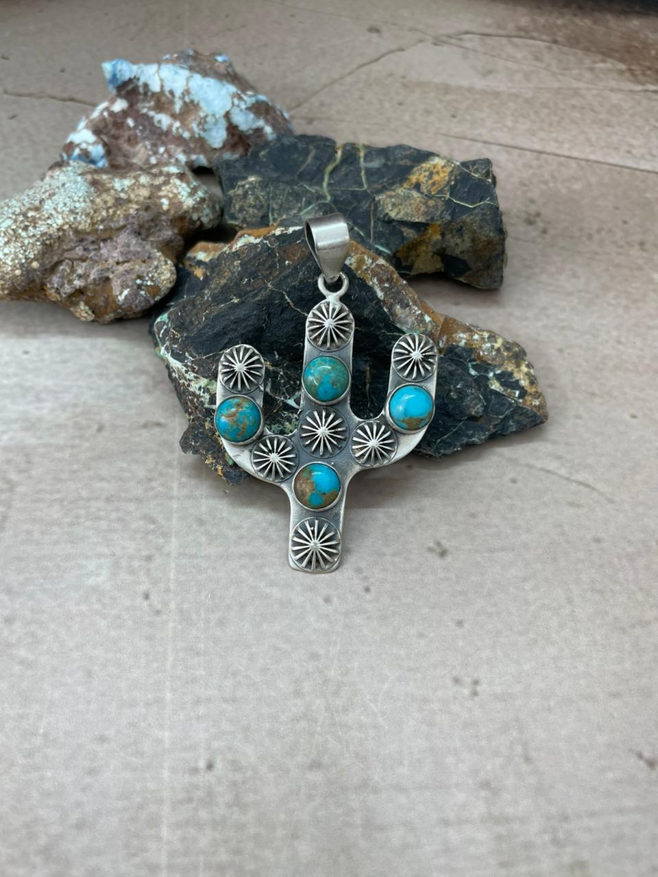 Handmade Sterling Silver Kingman Turquoise Cactus Pendant "Signed Nizhoni" (10)