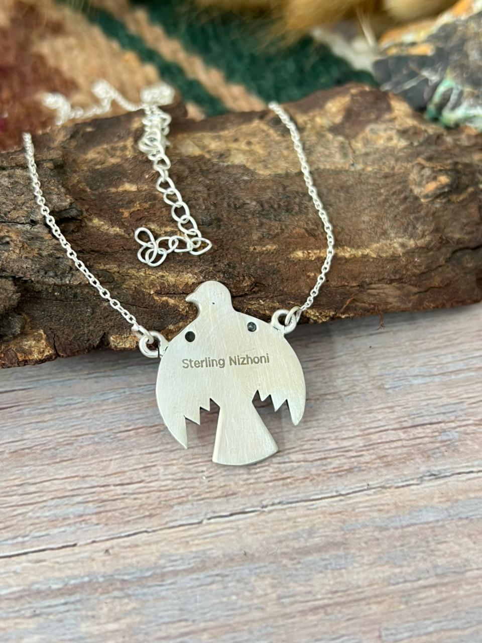 Handmade Sterling Silver Kingman Turquoise Thunder Bird Necklace "Signed Nizhoni"
