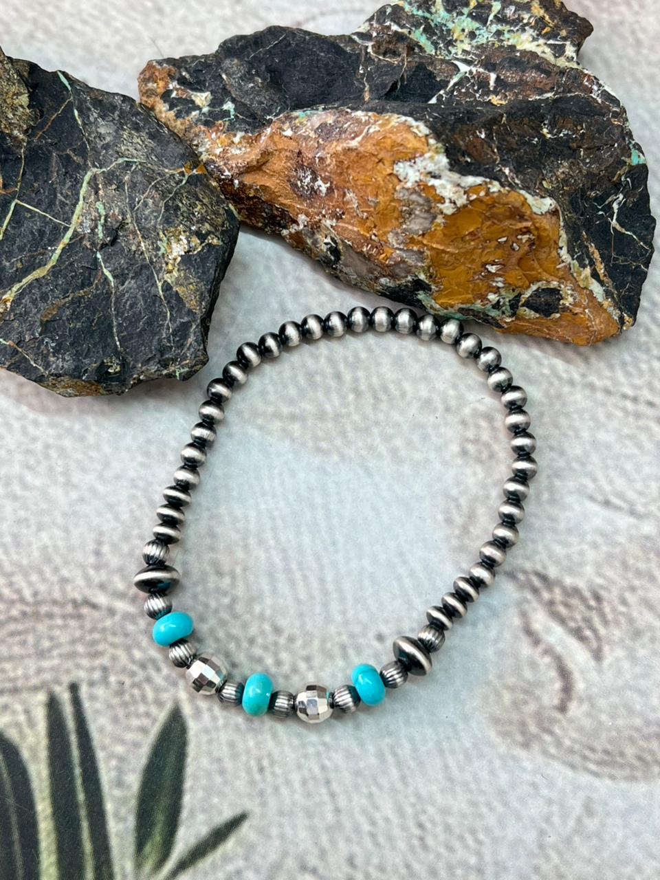 Handmade Sterling Silver Beaded Kingman Turquoise Bracelet