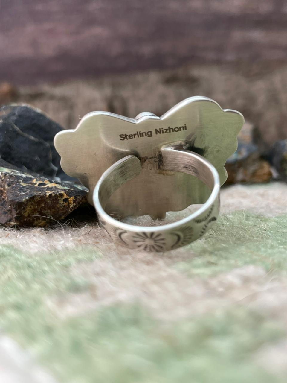 Handmade Sterling Silver White Buffalo Butterfly Adjustable Ring "Signed Nizhoni"