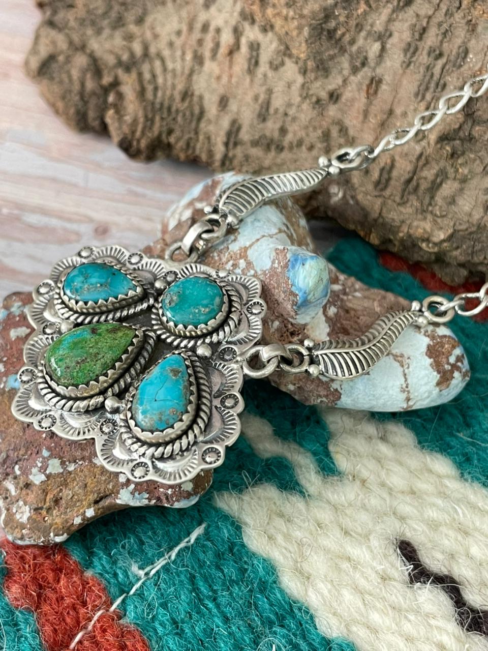 Handmade Sterling Silver Sonoran Mountain Turquoise with White Water Turquoise Necklace "Signed Nizhoni"