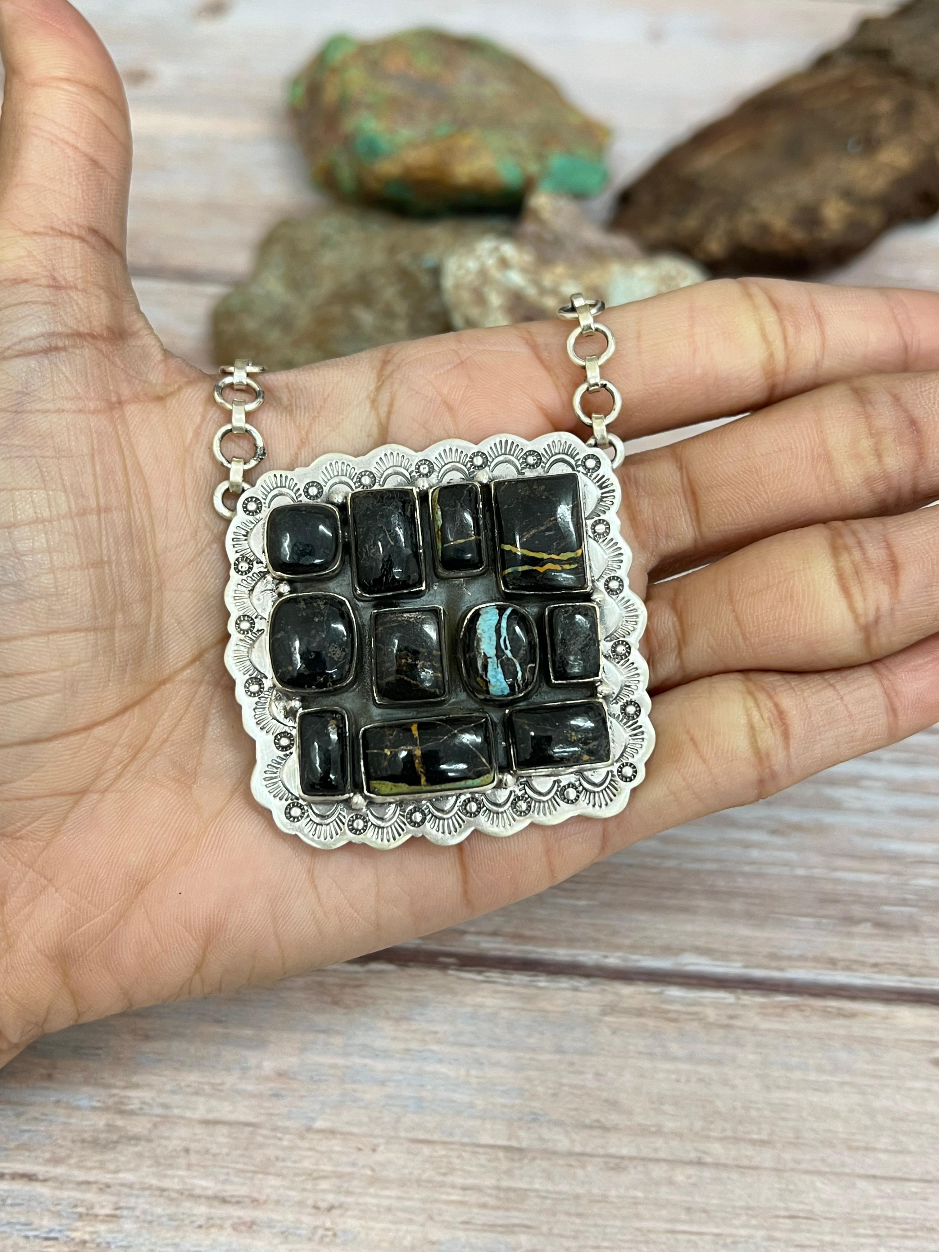 Handmade Sterling Silver Blackjack Turquoise Necklace with Signed Nizhoni