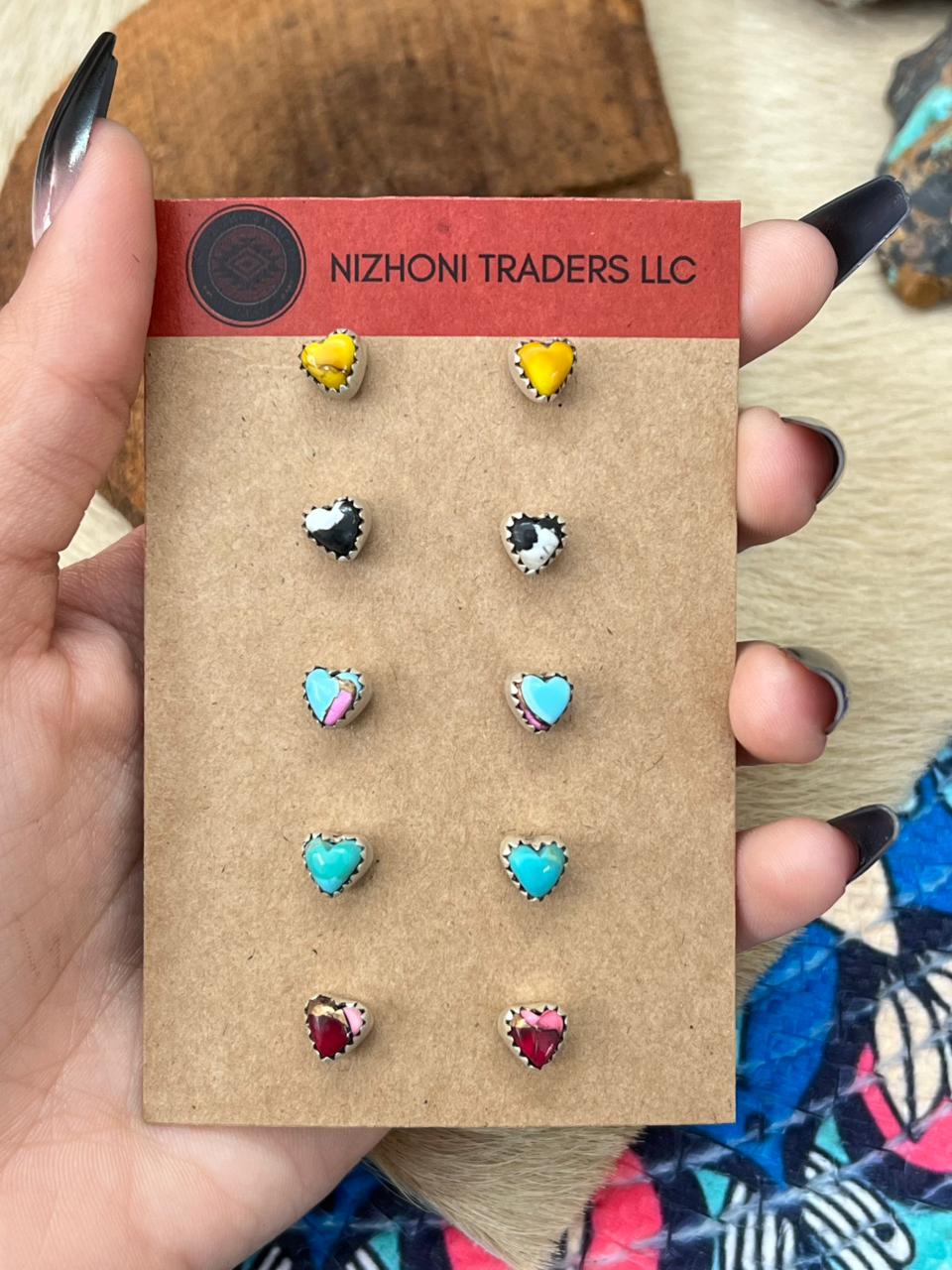 Handmade Sterling Silver Multi Stone Heart Shape Studs Earrings Set