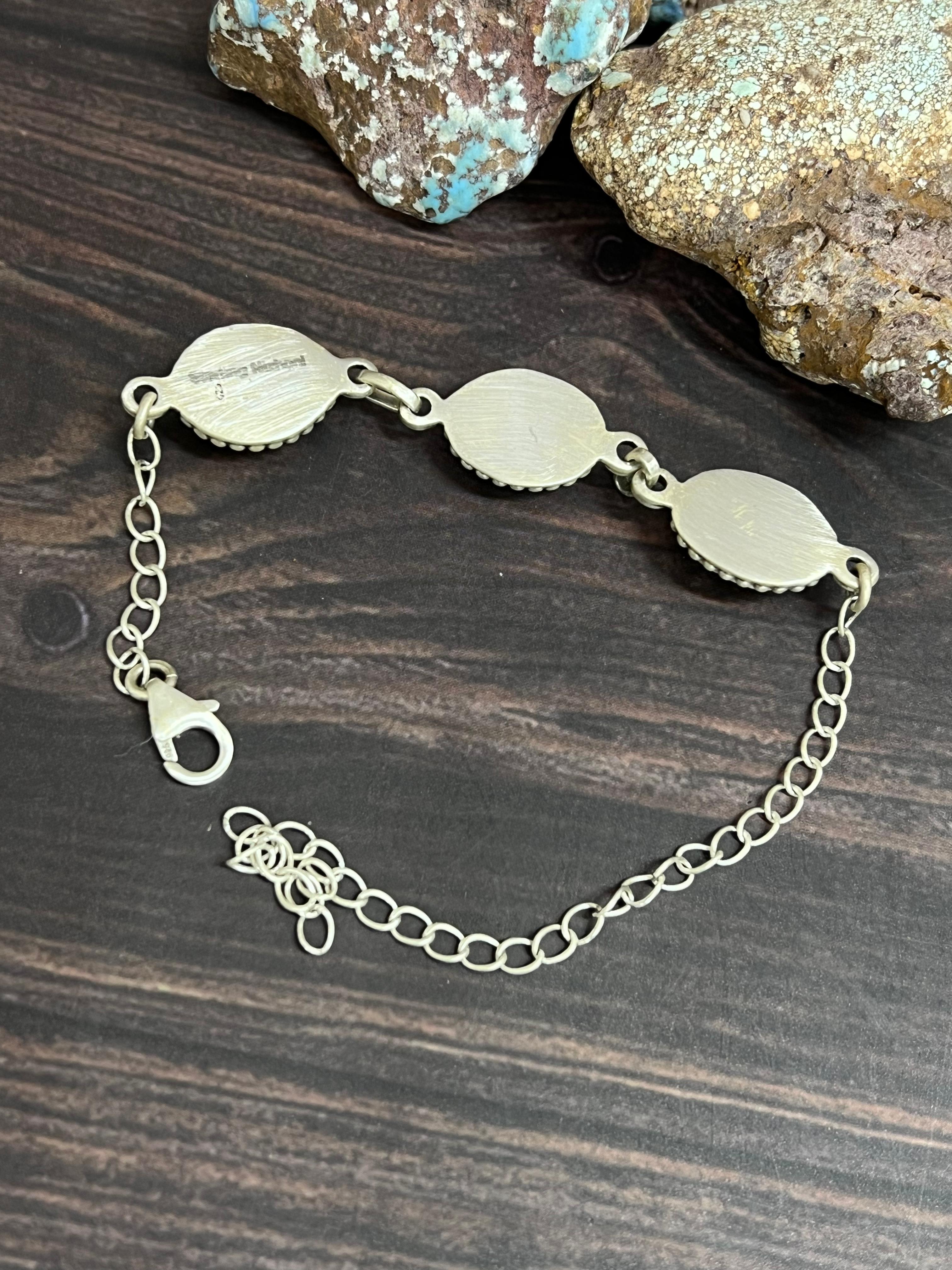 Handmade Sterling Silver Sonoran Mountain Turquoise Chain Bracelet with Signed Nizhoni