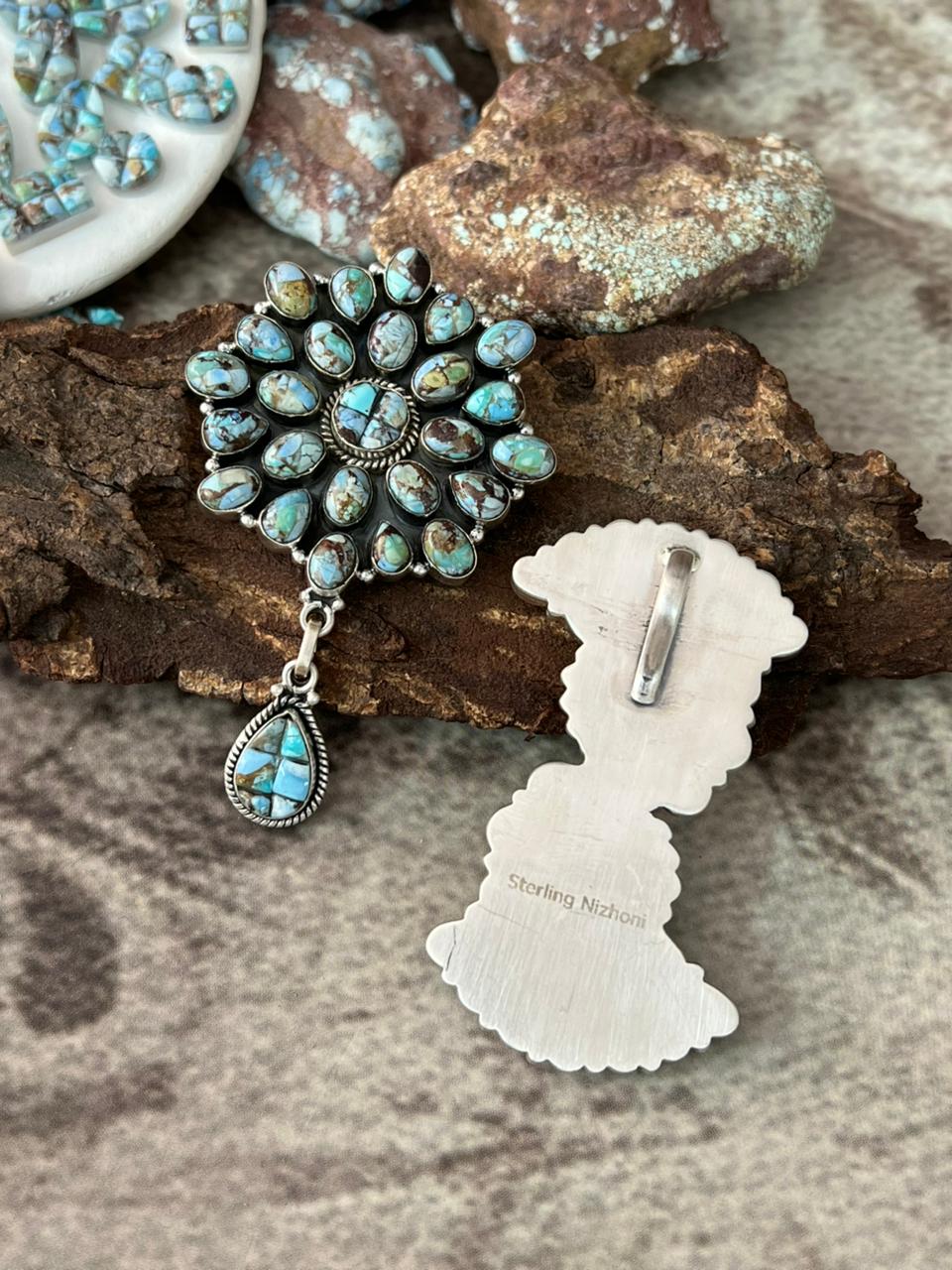 Handmade Sterling Silver Golden Hills Turquoise Cobble Collection Pendant "Signed Nizhoni"